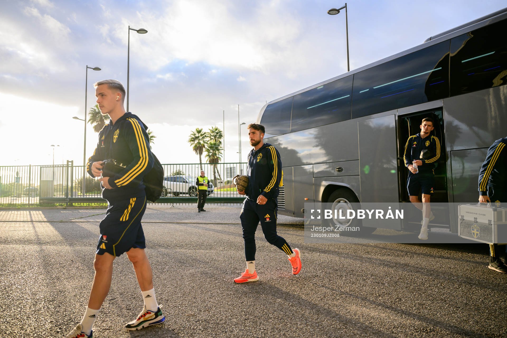 Jacob Ondrejka, Moustafa Zeidan and Armin Gigovic of Sweden arrive to the stadium ahead of the international friendly football match between Sweden and Finland on January 9, 2023 in Faro.