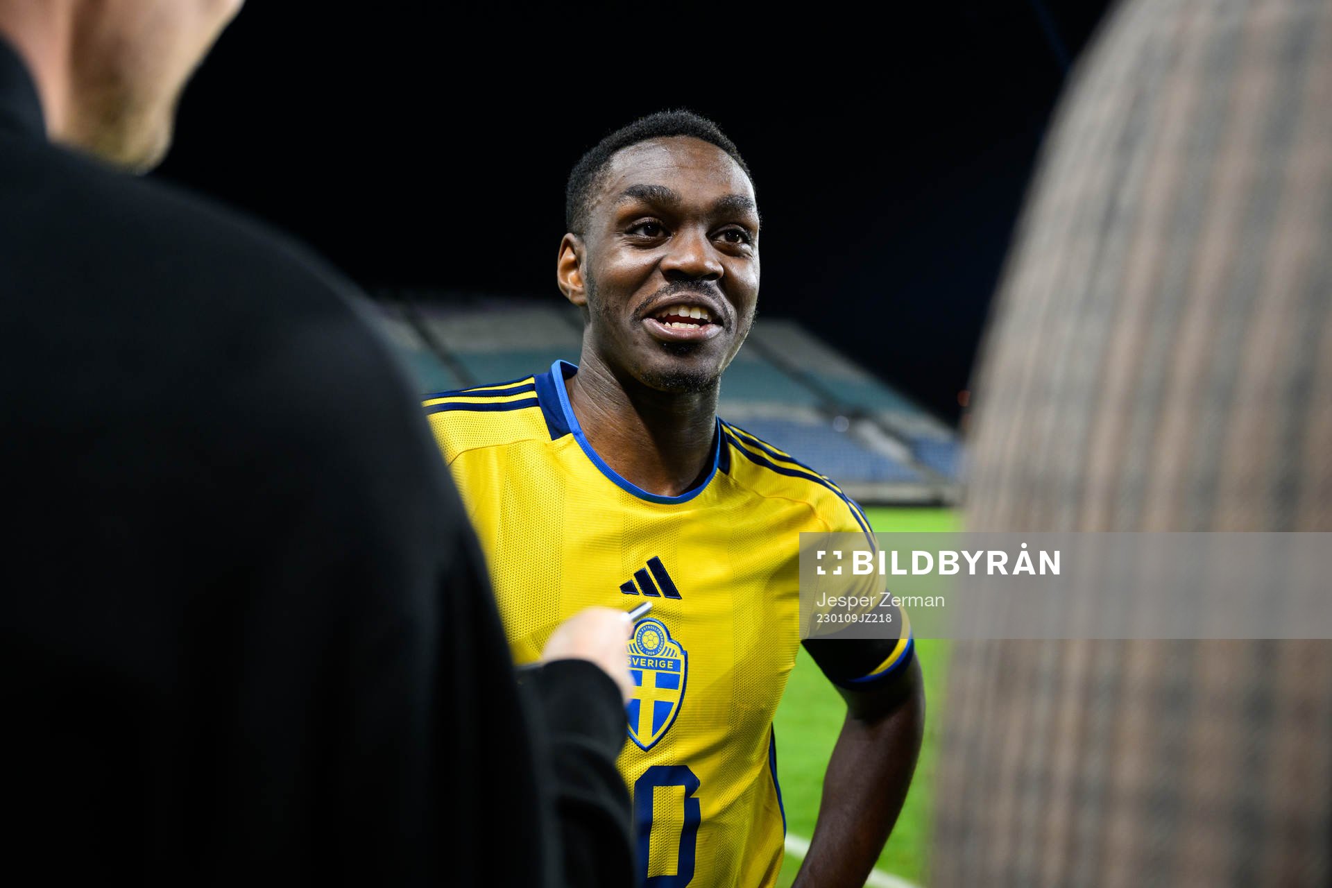 Joel Asoro of Sweden speaks to media