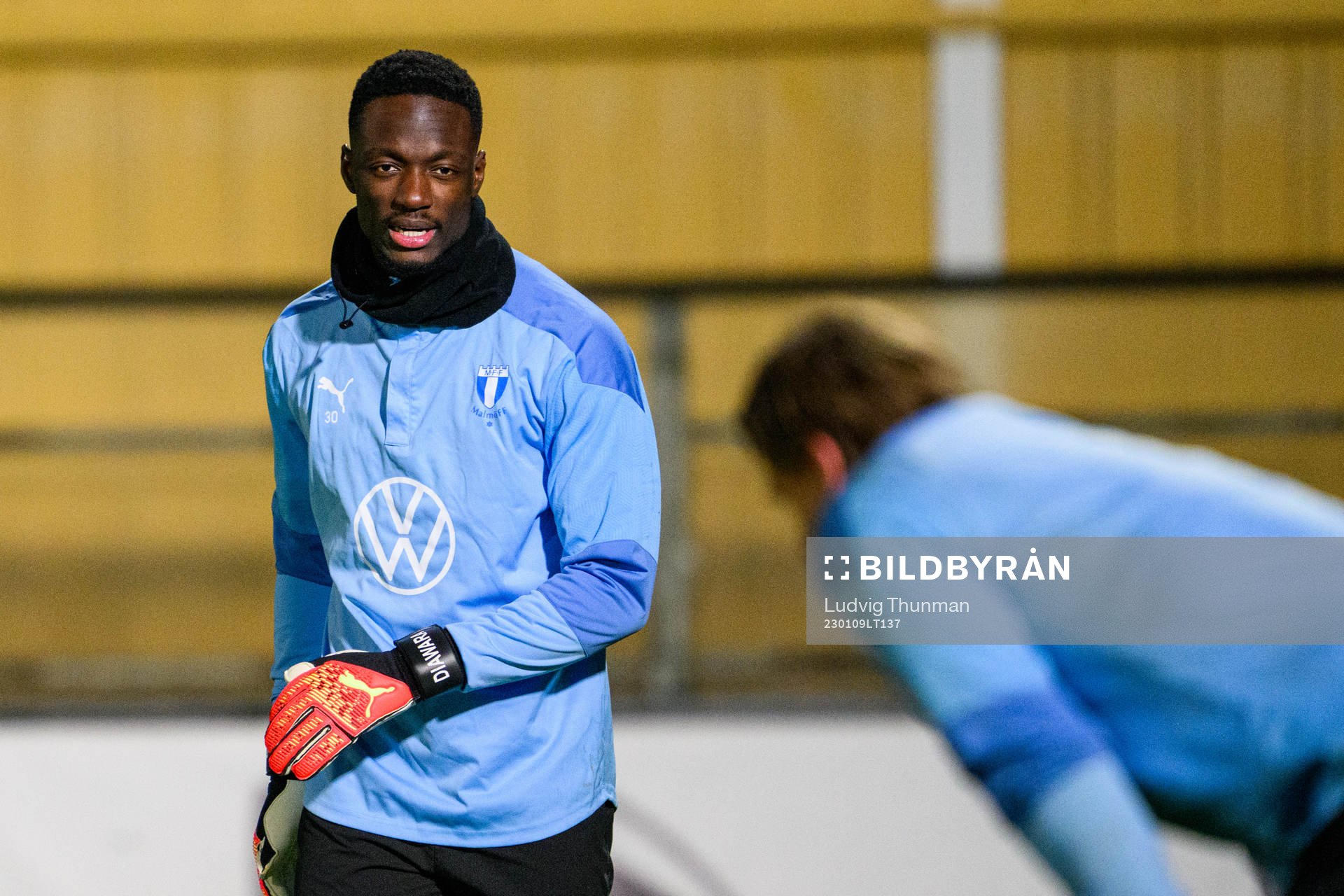 Målvakt Ismael Diawara under en fotbollsträning med Malmö FF den 9 januari 2023 i Malmö. 