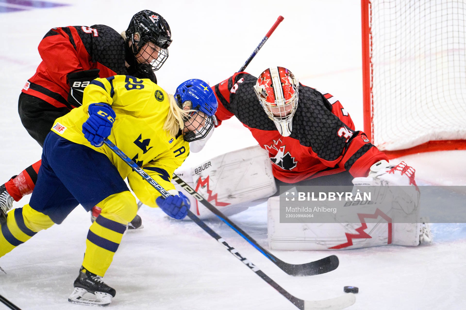 Moa Gustafsson of Sweden against goaltender Hannah Clark of