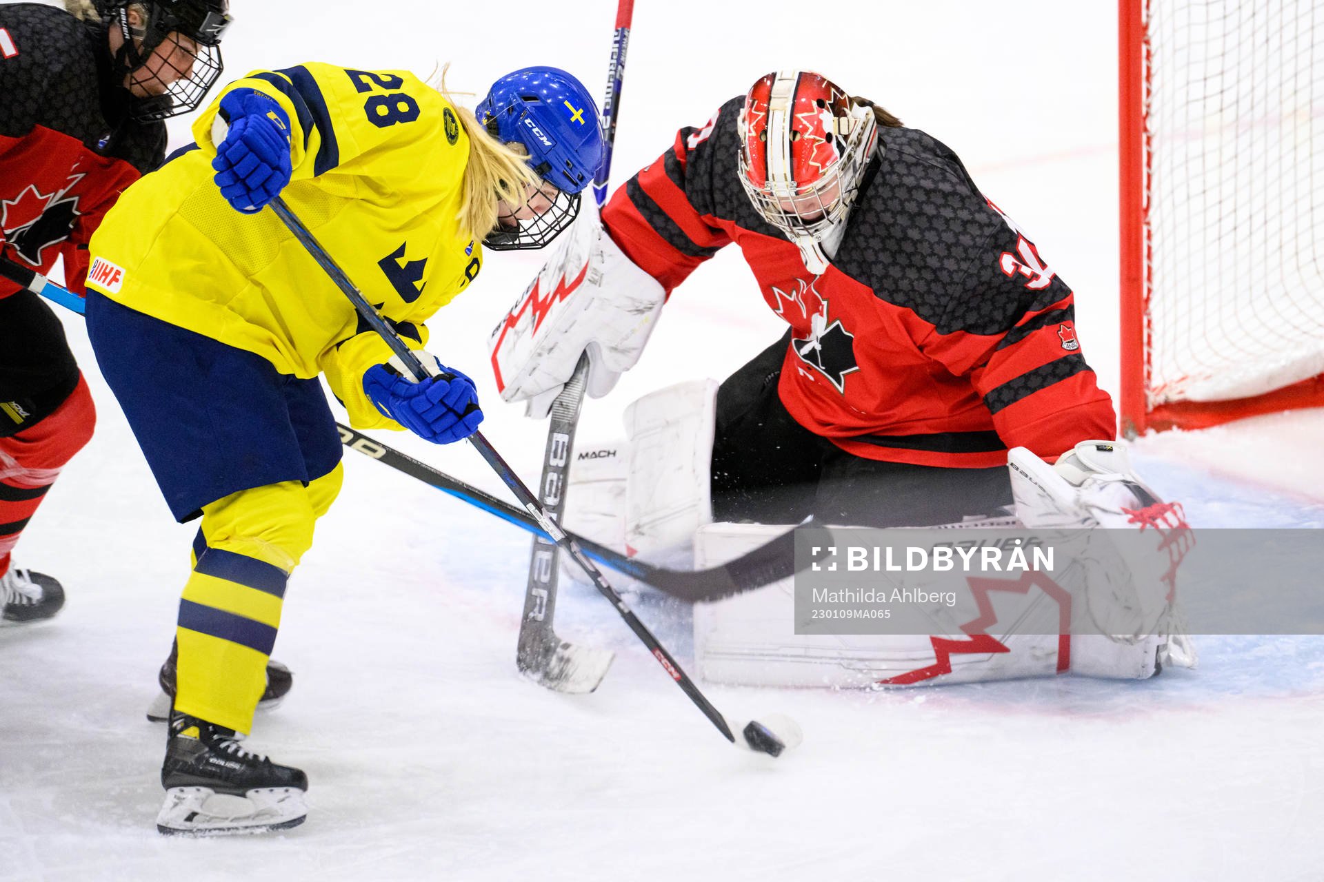 Moa Gustafsson of Sweden against goaltender Hannah Clark of