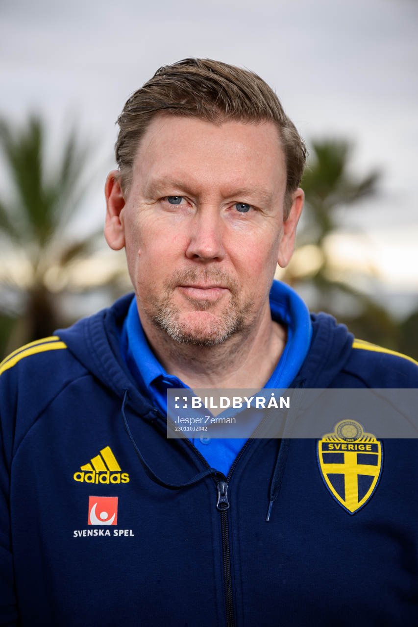 assistant coach Peter Wettergen of the Swedish men's football national team poses for a portrat at a press event on January 10, 2023 in Almancil.