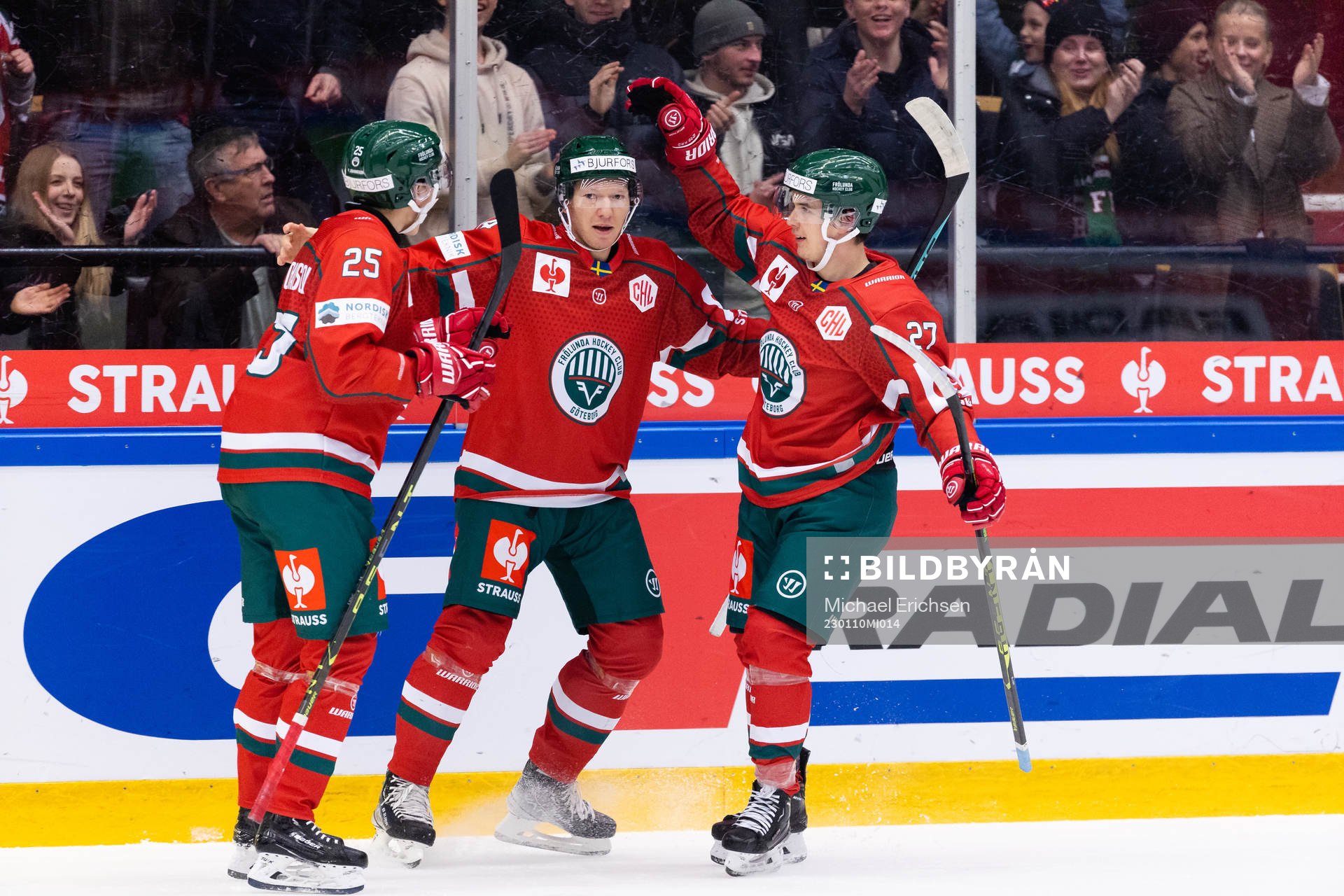 Andreas Borgman of Frölunda celebrates scoring 1-0 with