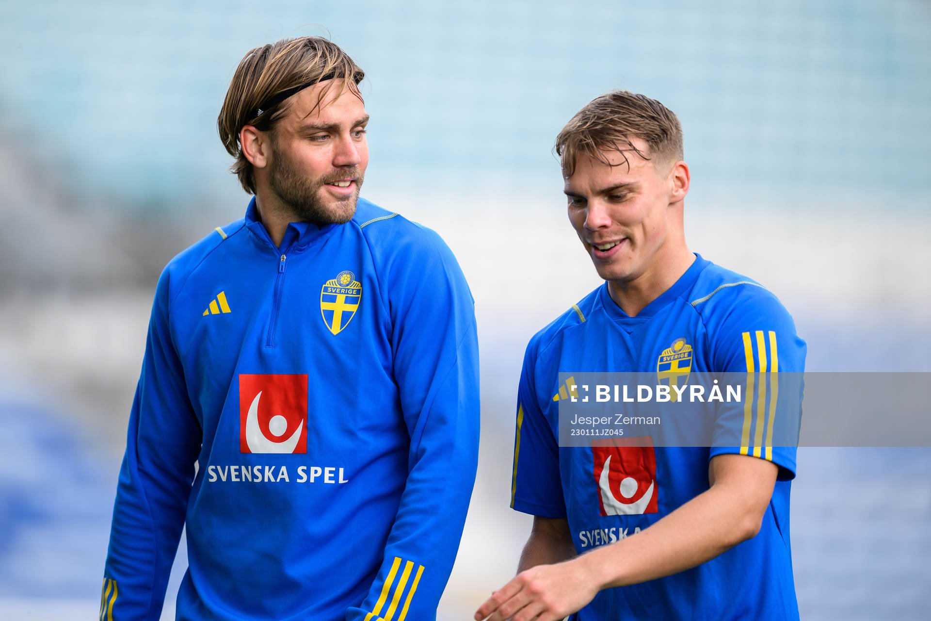 Christoffer Nyman and Elias Andersson of the Swedish men's football national team at a training session on January 11, 2023 in Faro.