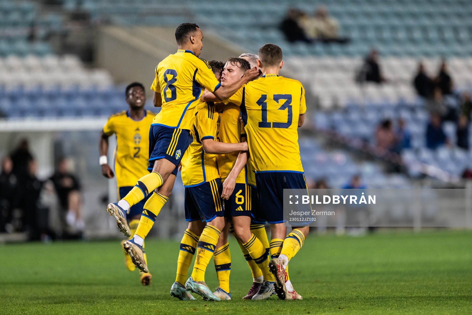 Elias Andersson, Bilal Hussein and Gustaf Lagerbielke of Sweden celebrate after 1-1 during the international friendly football match between Sweden and Iceland on January 12, 2023 in Faro.