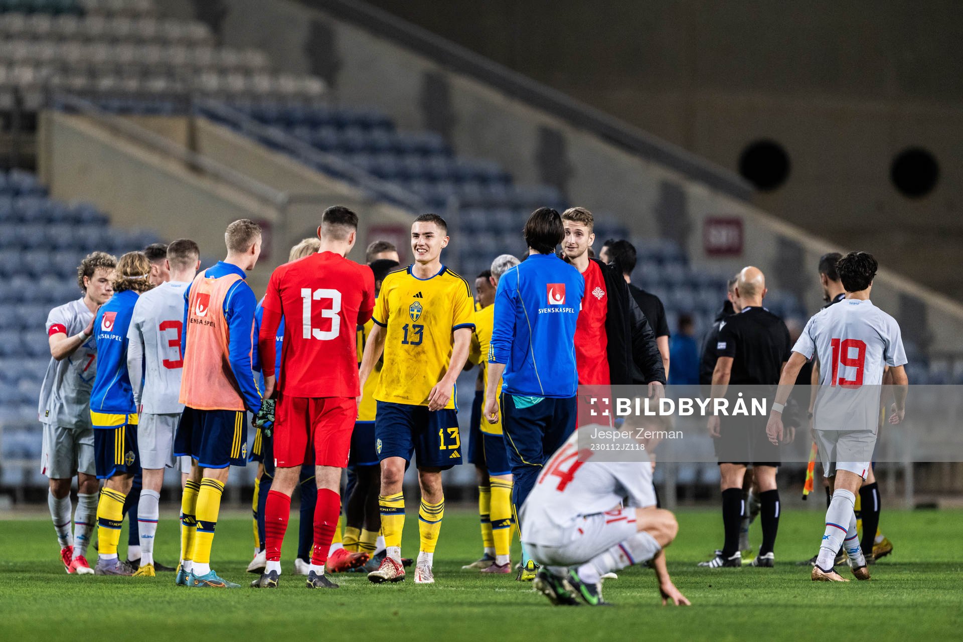 Gustaf Lagerbielke of Sweden and goalkeeper Hakon Rafn Valdimarsson of Iceland after the international friendly football match between Sweden and Iceland on January 12, 2023 in Faro. 