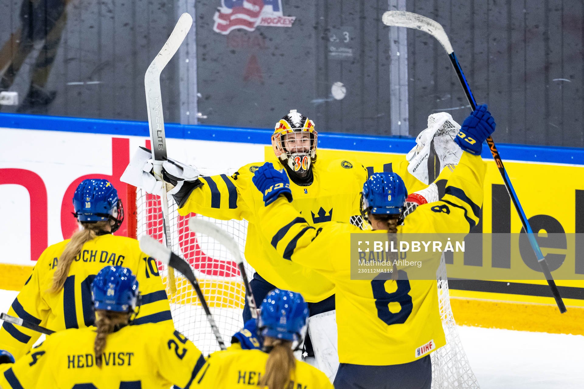 Goaltender Felicia Frank of Sweden celebrates