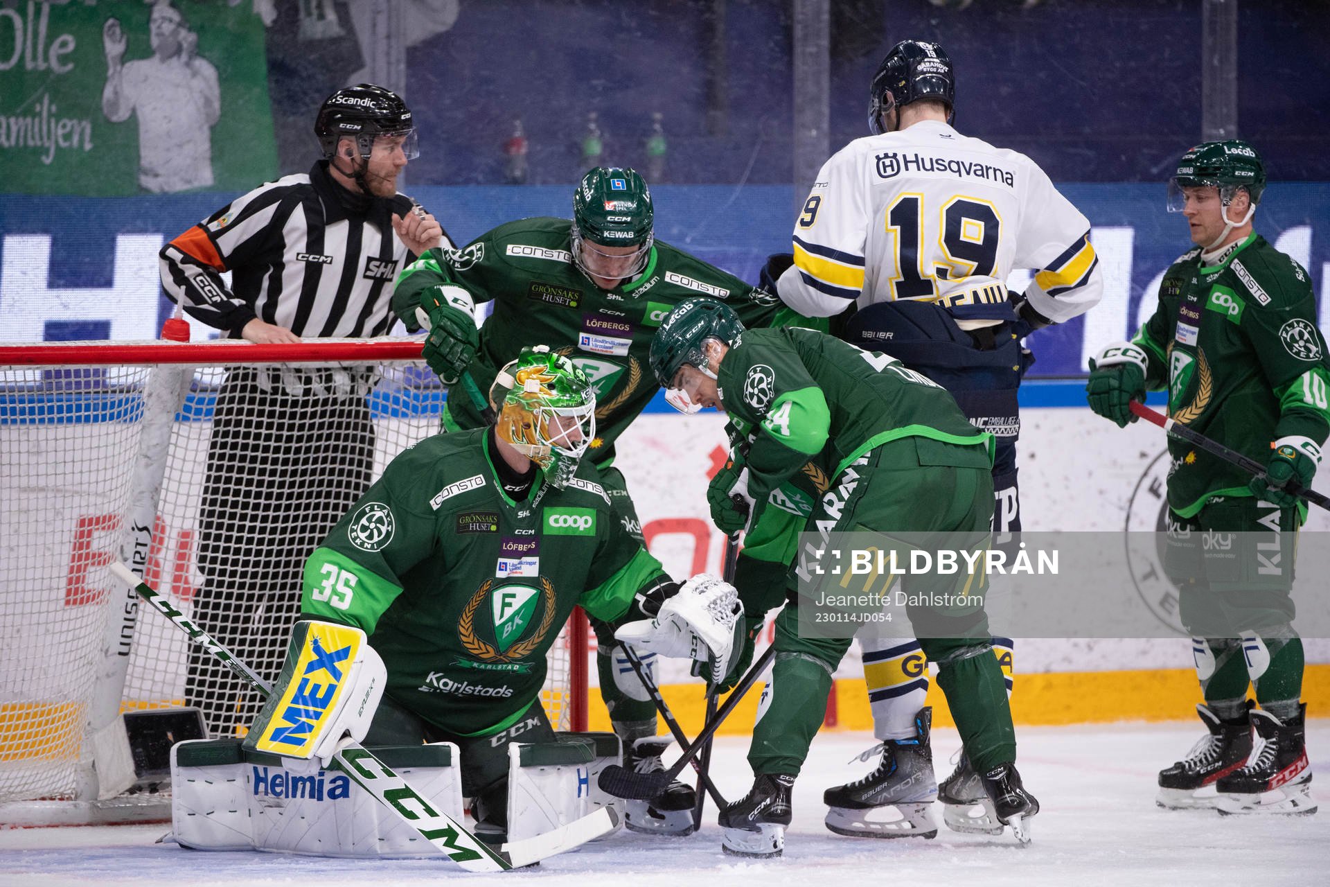 Färjestads målvakt Dennis Hildeby, Michael Lindqvist,