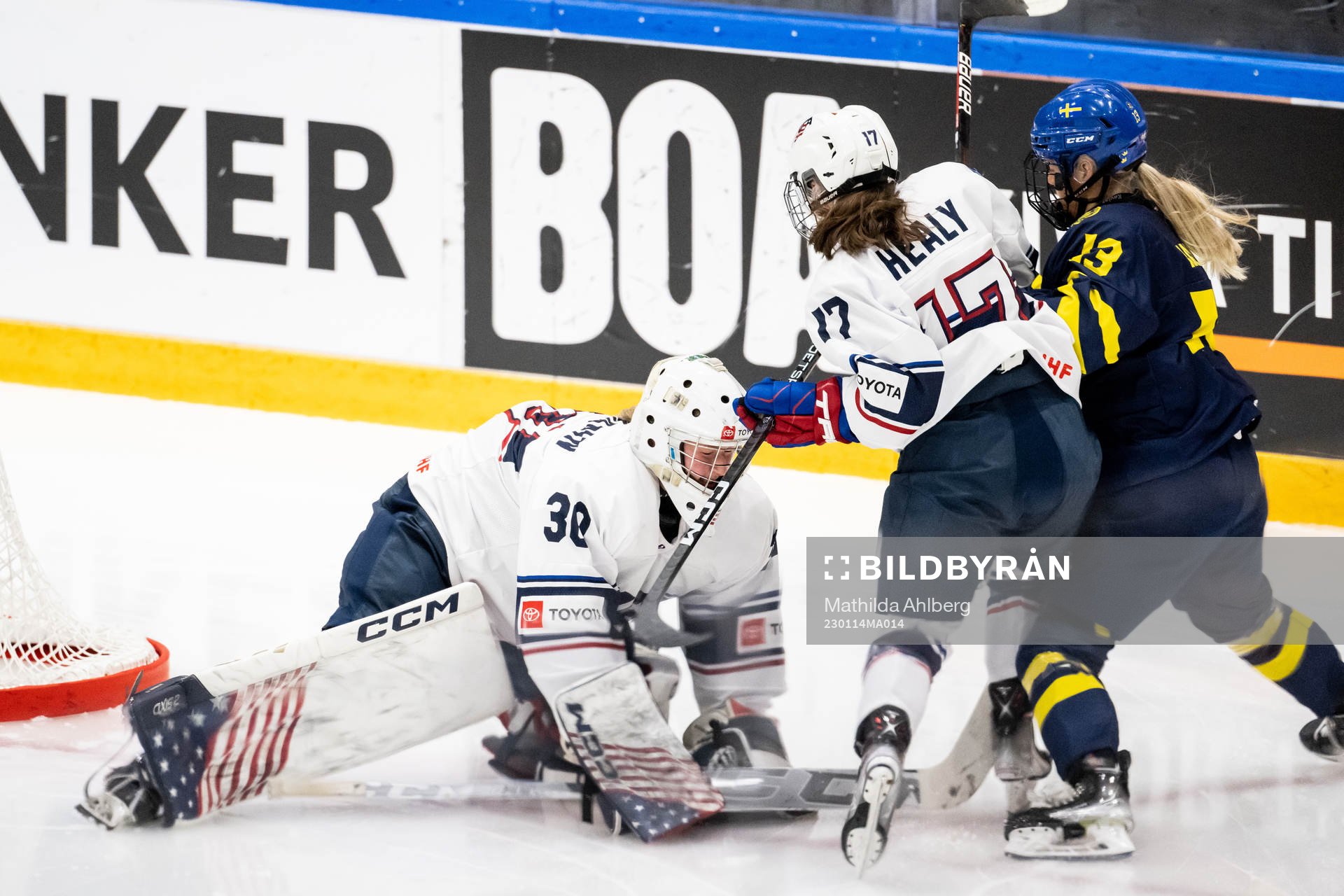 Mira Hallin of Sweden against goaltender Annelies Bergmann