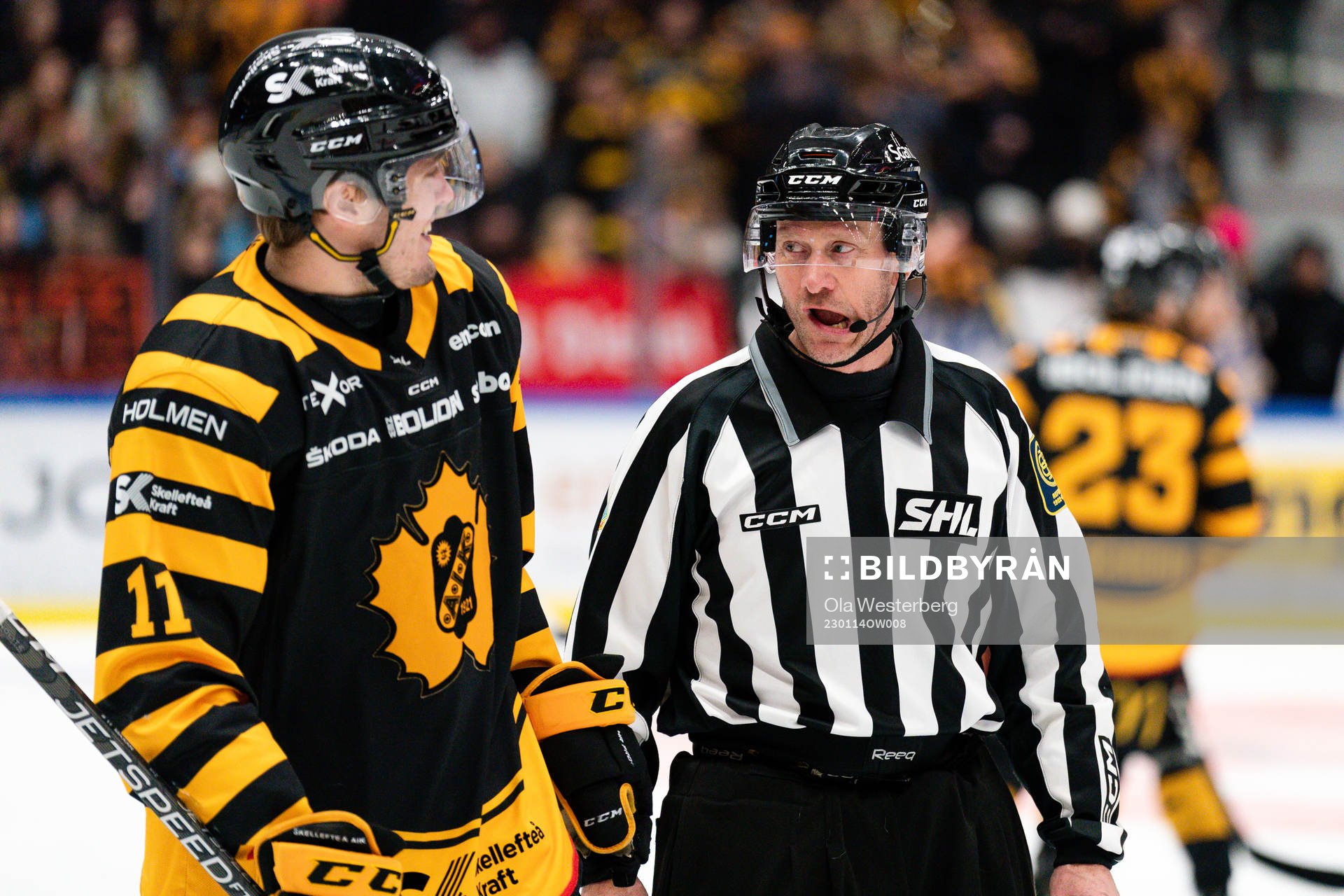 Skellefteås Max Lindholm och linjedomare Jan Sandström