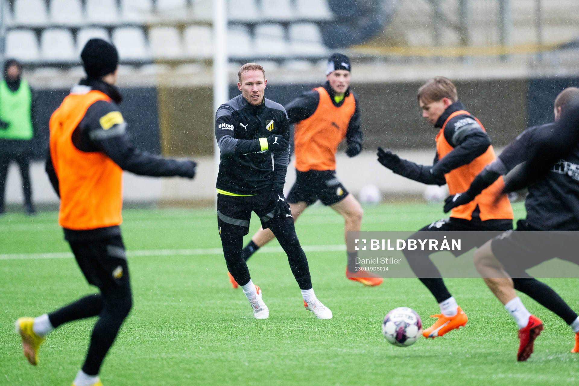 Mikkel Rygaard mfl under en träning med Häcken den 19 januari 2023 i Göteborg. 