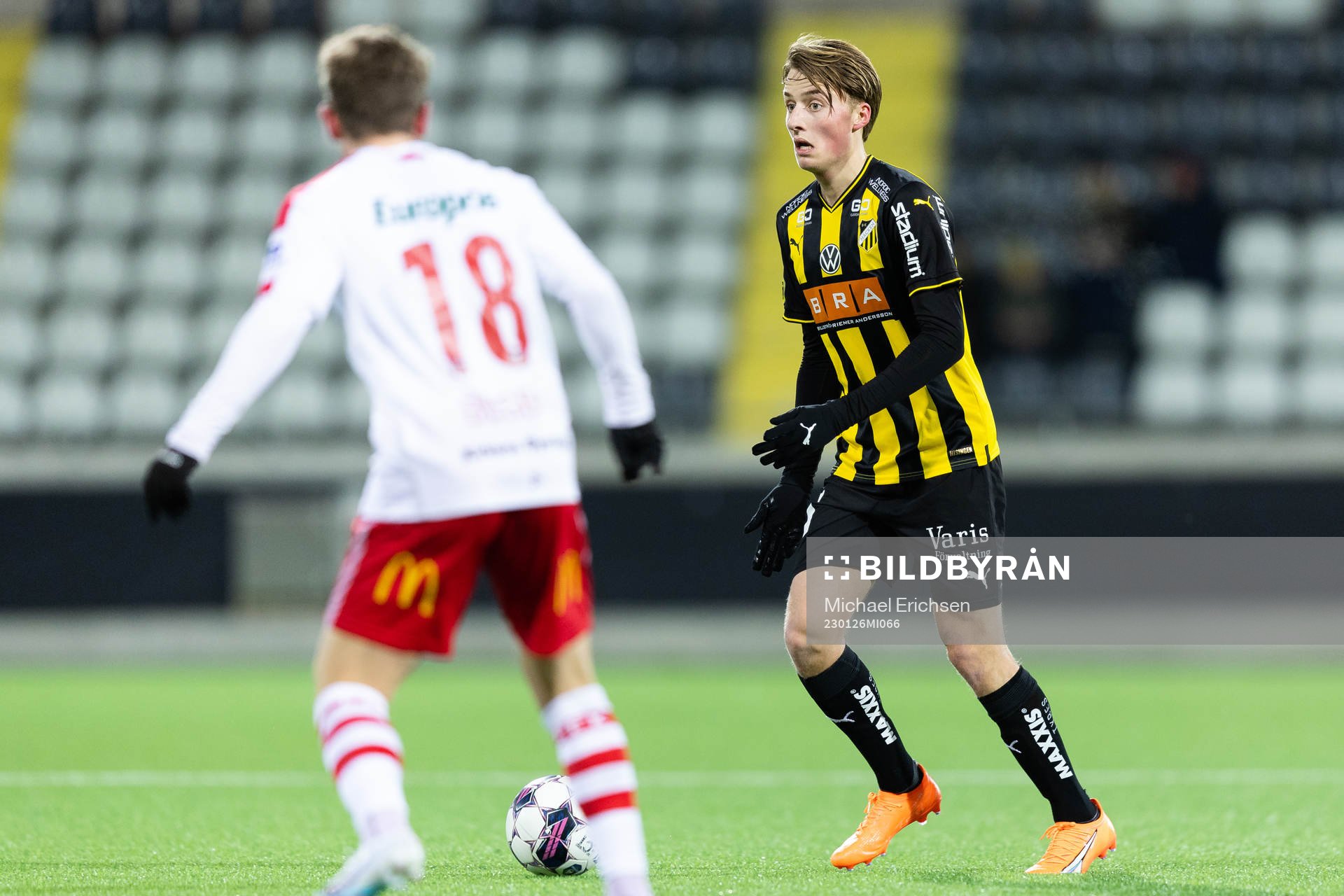Häckens Sigge Jansson under fotboll i träningsmatchen mellan Häcken och Fredrikstad den 26 januari 2023 i Göteborg. 