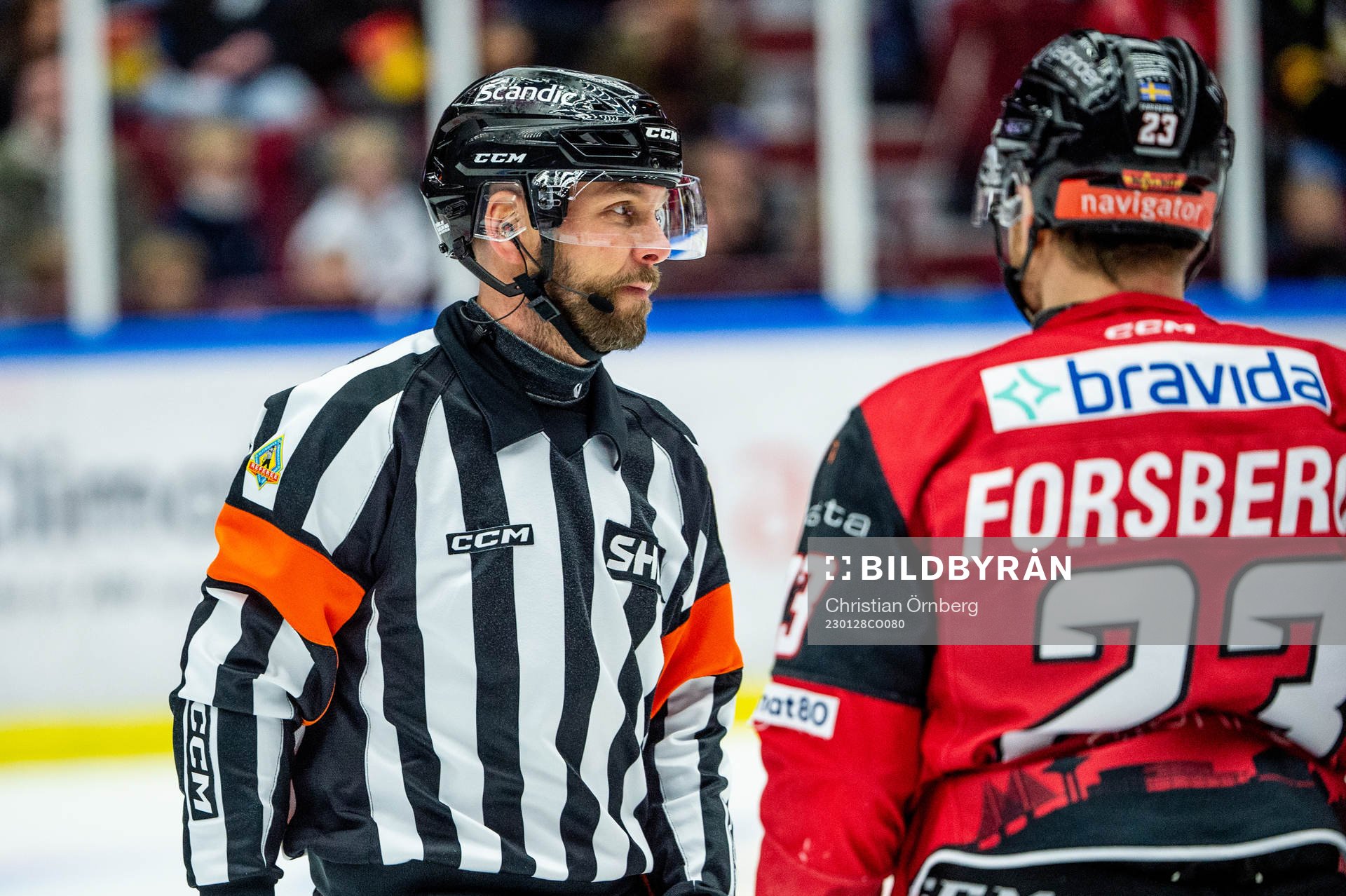 Domare Marcus Linde och Malmö Redhawks Christoffer Forsberg