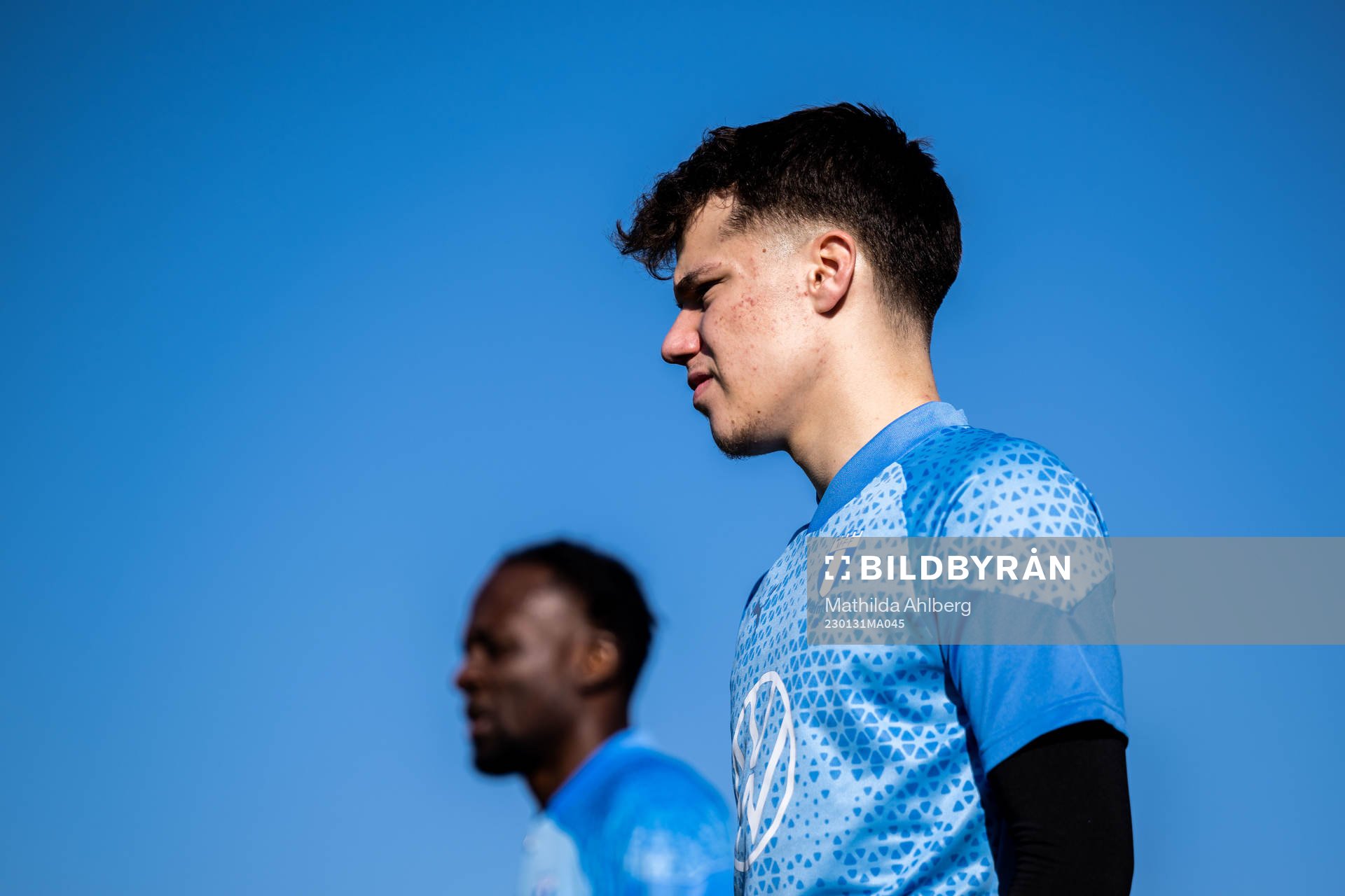 August Karlin under en fotbollsträning med Malmö FF den 31 januari 2023 i Estepona. 