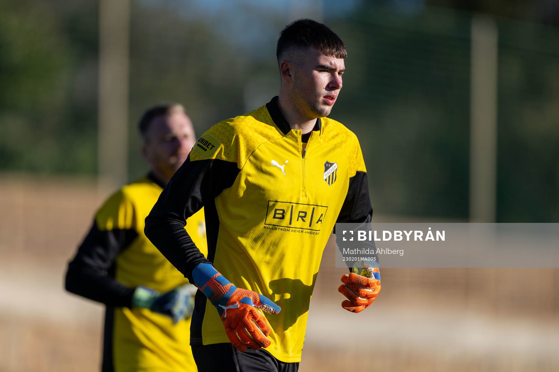 Målvakt Sebastian Banozic under en fotbollsträning med Häcken den 1 februari 2023 i Marbella. 