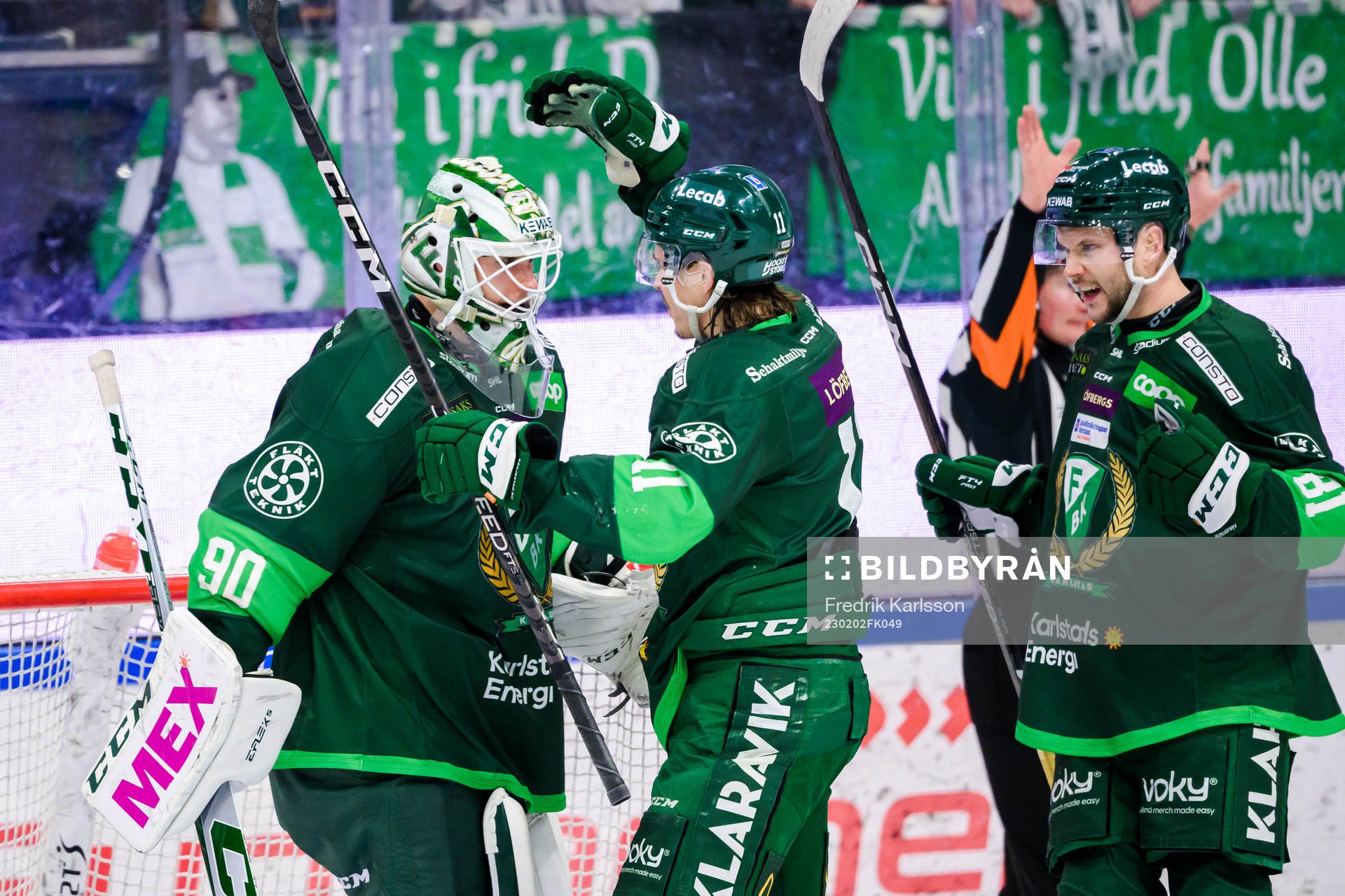 Färjestads målvakt Matthew Tomkins, Joakim Nygård och