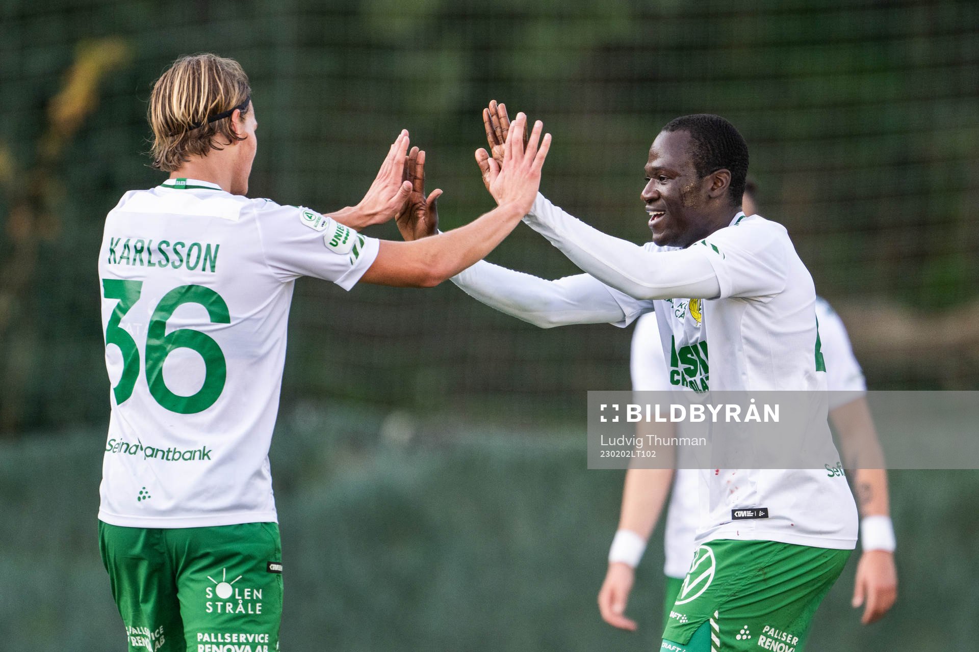 Marcus Karlsson and Saidou Alioum of Hammarby celebrate after 2-2 during the friendly football match between Hammarby and Jeonbuk Hyundai on February 2, 2023 in Marbella.