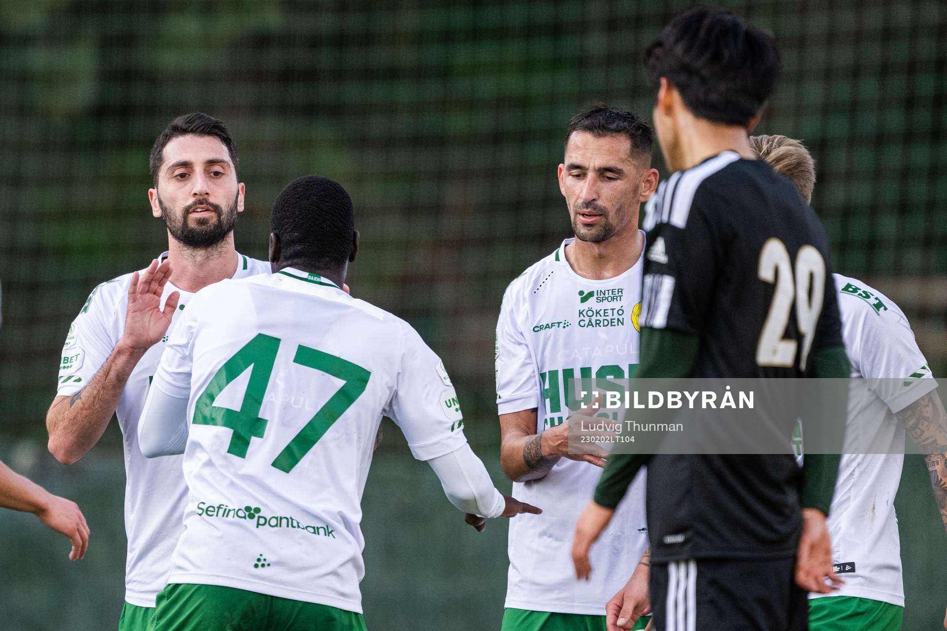 Nahir Besara, Saidou Alioum and Loret Sadiku of Hammarby celebrate after 2-2 during the friendly football match between Hammarby and Jeonbuk Hyundai on February 2, 2023 in Marbella.