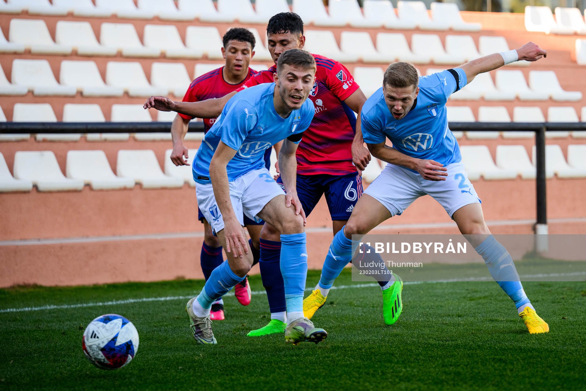 Patriot Sejdiu and Anton Tinnerholm of Malmö FF fights for the ball with Cerrillo Edwin of Dallas during the friendly football match between Malmö FF and Dallas on February 3, 2023 in Marbella.