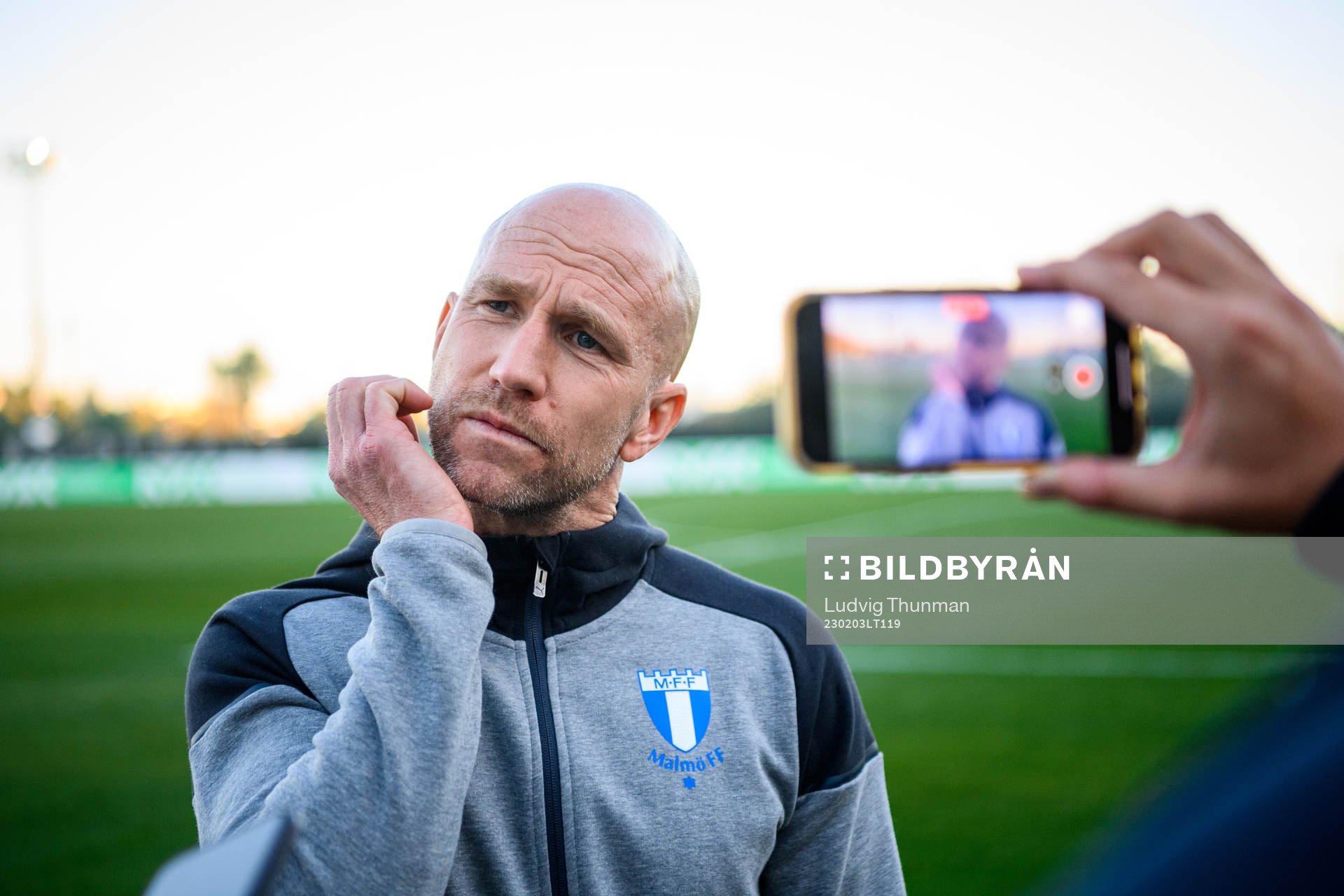 Head coach Henrik Rydström of Malmö FF is interviewed by the media after the friendly football match between Malmö FF and Dallas on February 3, 2023 in Marbella.