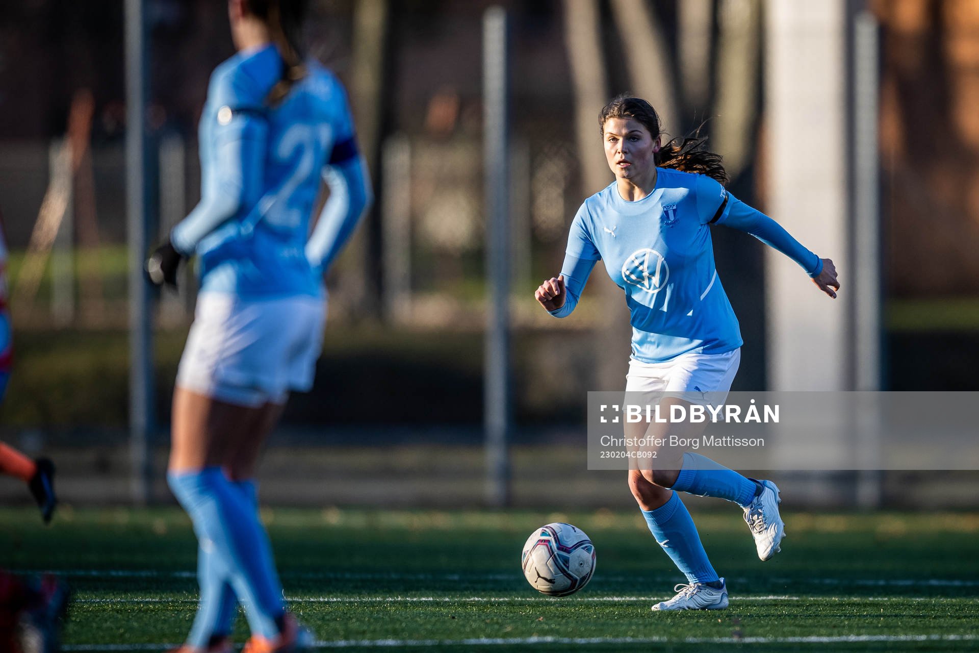 Malmö FFs Isabel Bodecker under träningsmatchen i fotboll mellan Malmö FF och Helsingborgs IF den 4 februari 2023 i Malmö.