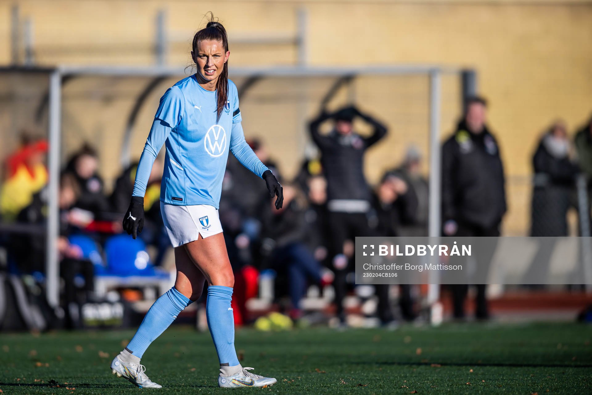 Malmö FFs Malin Gunnarsson under träningsmatchen i fotboll mellan Malmö FF och Helsingborgs IF den 4 februari 2023 i Malmö.