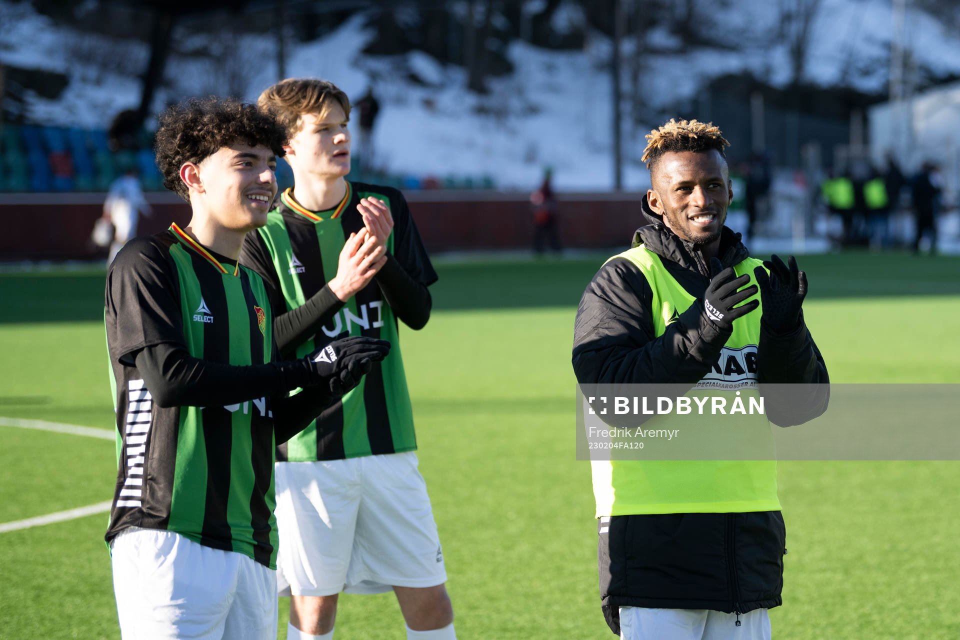 GAIS Alfredo Steiner, Noha Ström och Richard Friday jublar efter träningsmatchen mellan GAIS och Varberg den 4 februari 2023 i Göteborg. 