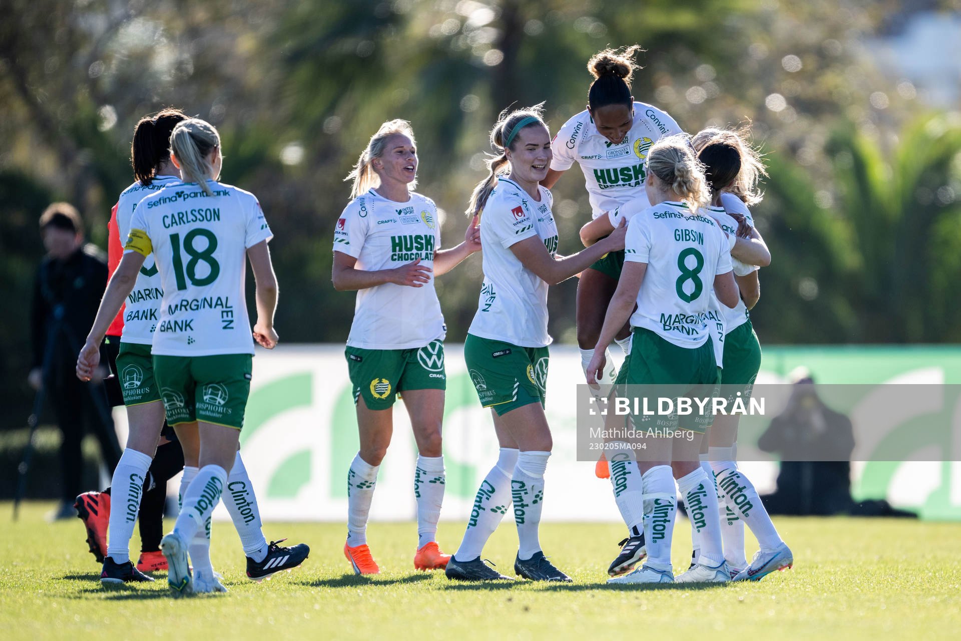 Madelen Janogy of Hammarby celebrates with teammates