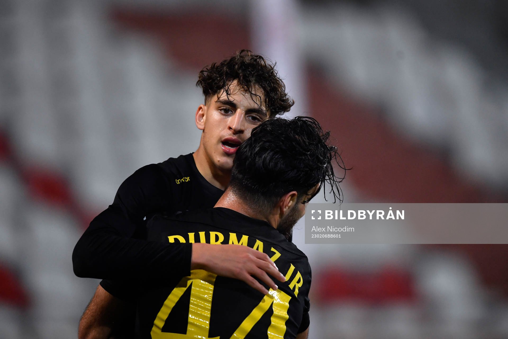 ari celebrates with Elias Durmaz after scoring during the Atlantic Cup friendly game between Brentford FC B and AIK Stockholm in Estadio de Albufeira, monday, February 6, 2023. Credit