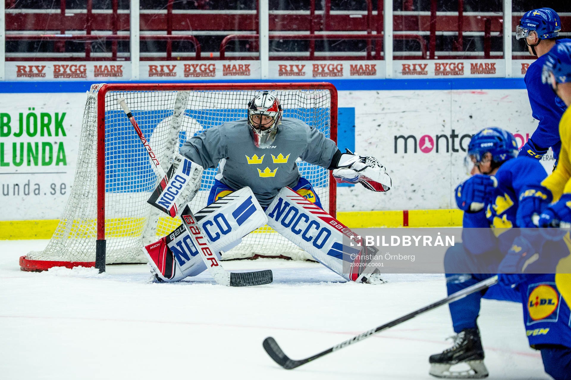 Goalkeeper Jhonas Enroth of Sweden at a practice session