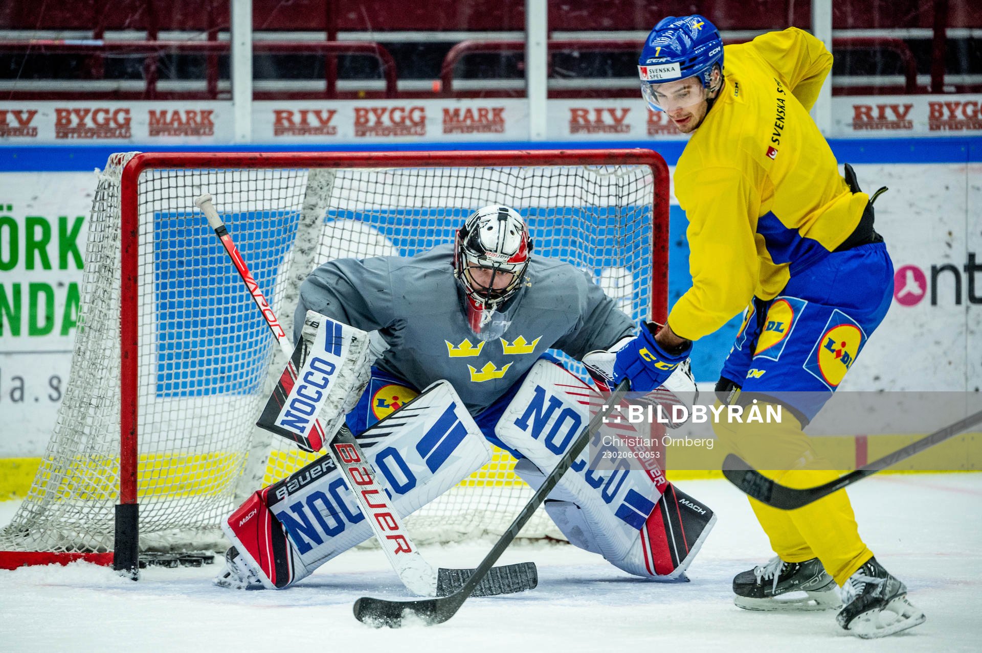 Goalkeeper Jhonas Enroth and Hardy Häman Aktell of Sweden