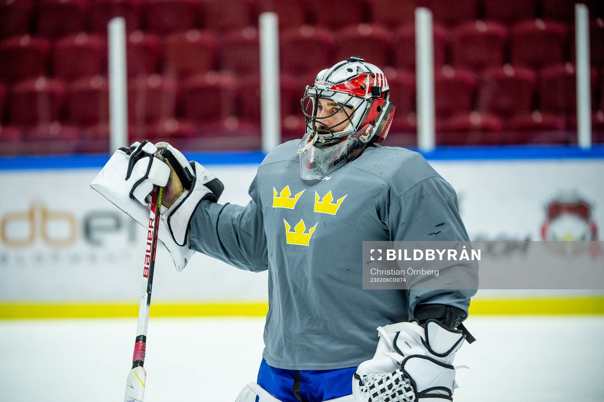Goalkeeper Jhonas Enroth of Sweden at a practice session