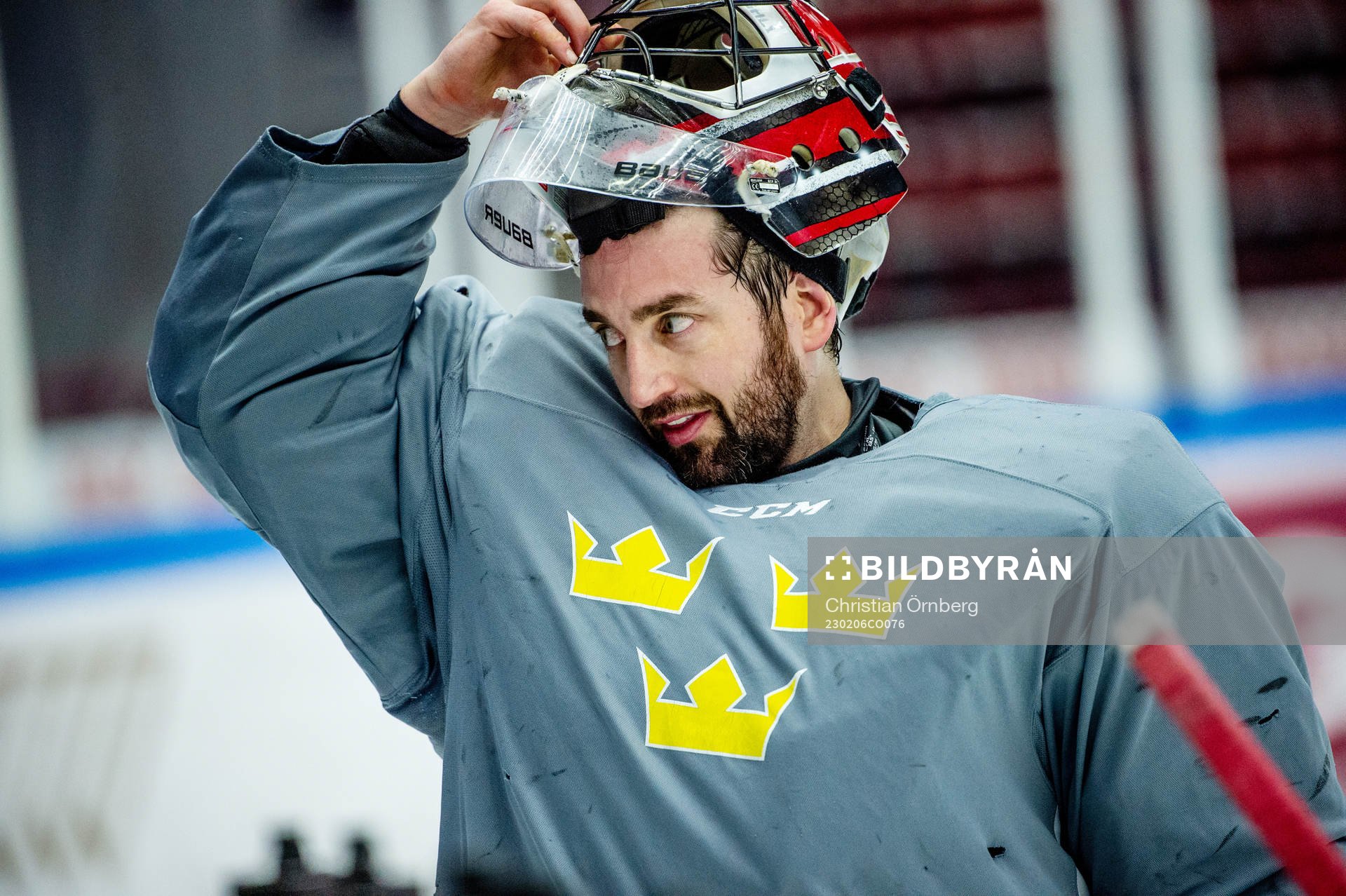 Goalkeeper Jhonas Enroth of Sweden at a practice session