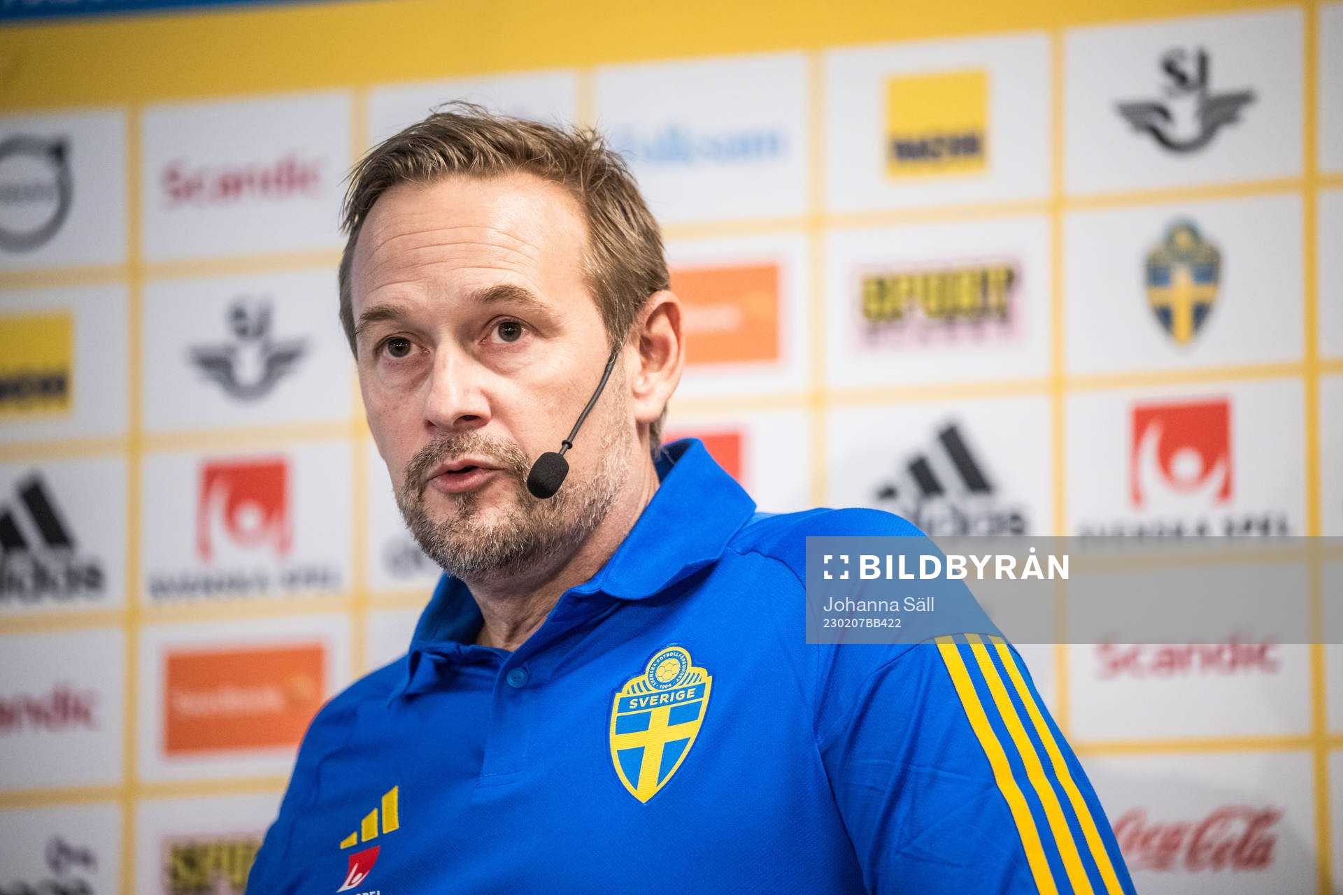 Martin Möller, head coach of the Swedish U23 national football team, at a press conference on February 7, 2023 in Stockholm. 