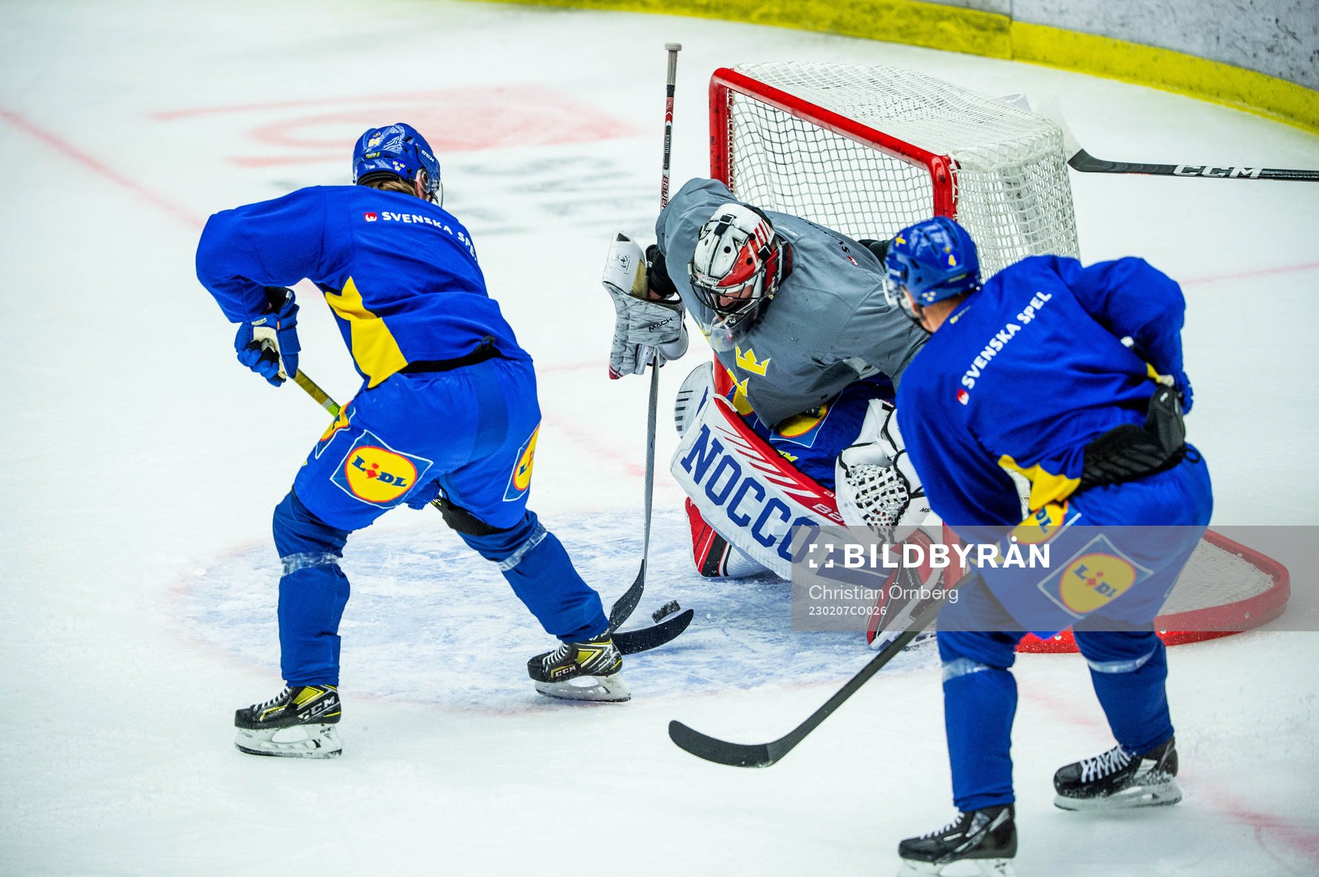 Jonathan Pudas, goalkeeper Jhonas Enroth and Emil Djuse of