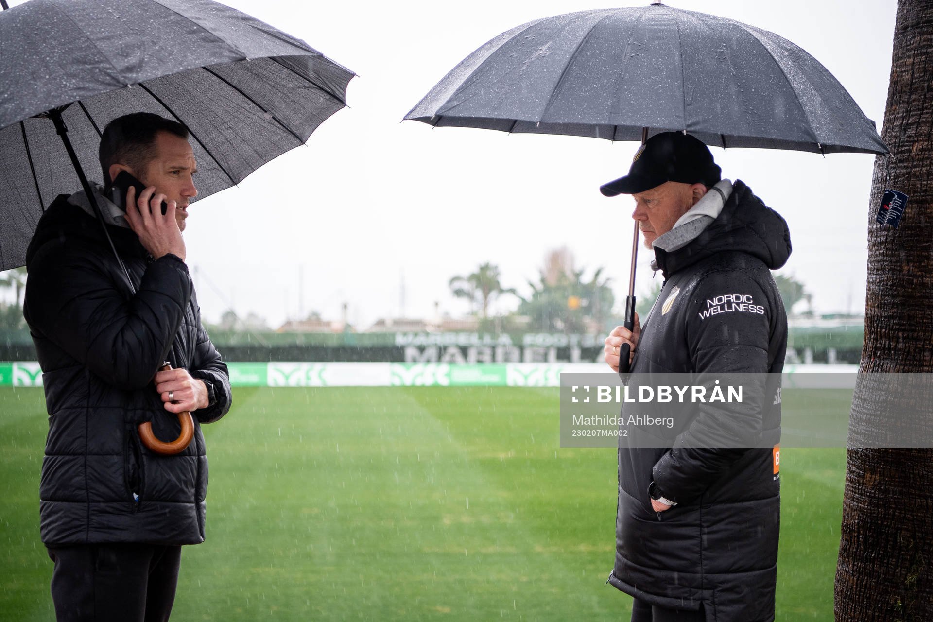 Sports director Martin Eriksson and head coach Per-Mathias Høgmo of Häcken at Marbella Football Center after the Friendly match between Häcken and Molde was canceled due to rain on February 7, 2023 in Marbella.