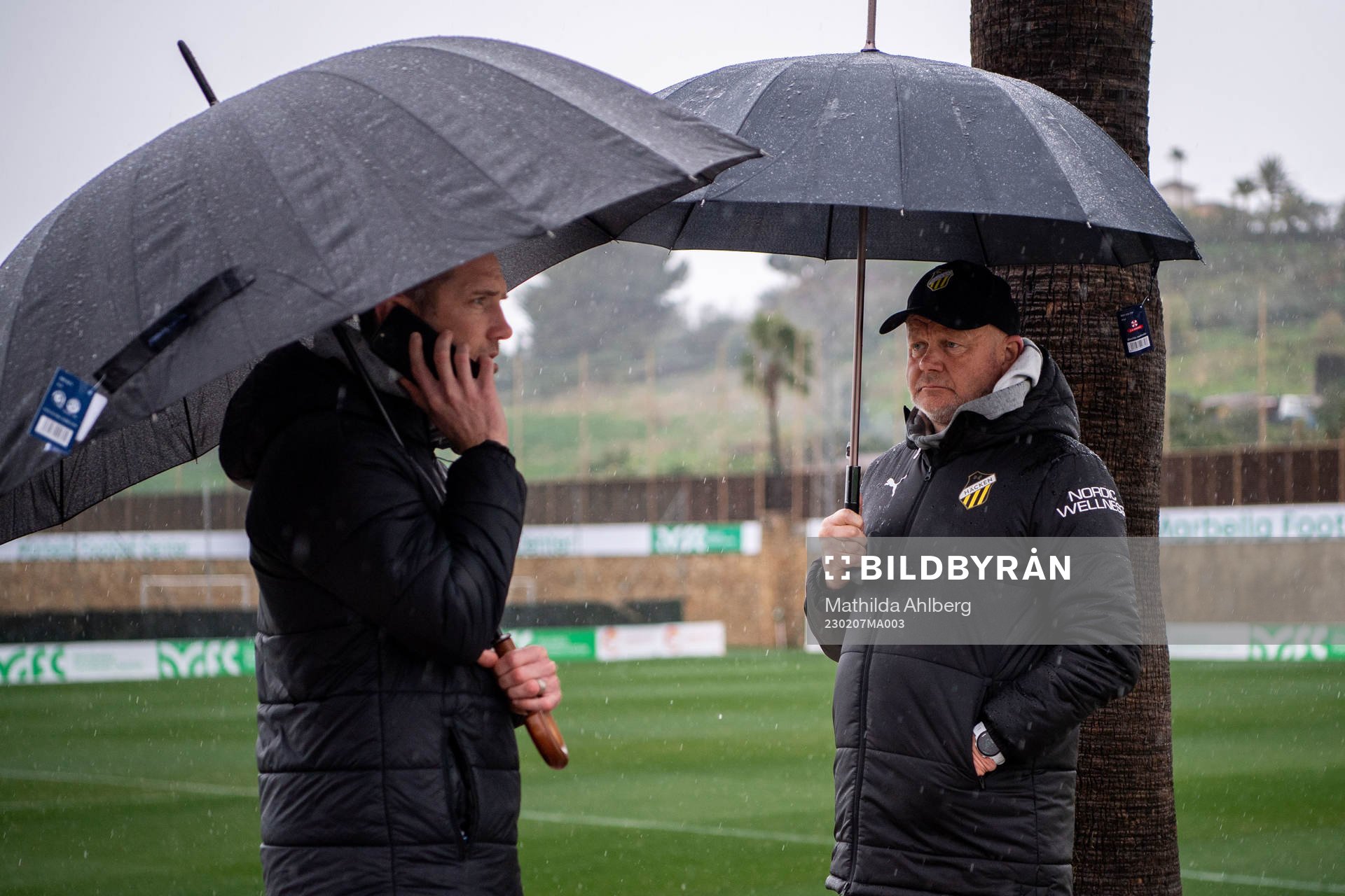 Sports director Martin Eriksson and head coach Per-Mathias Høgmo of Häcken at Marbella Football Center after the Friendly match between Häcken and Molde was canceled due to rain on February 7, 2023 in Marbella.