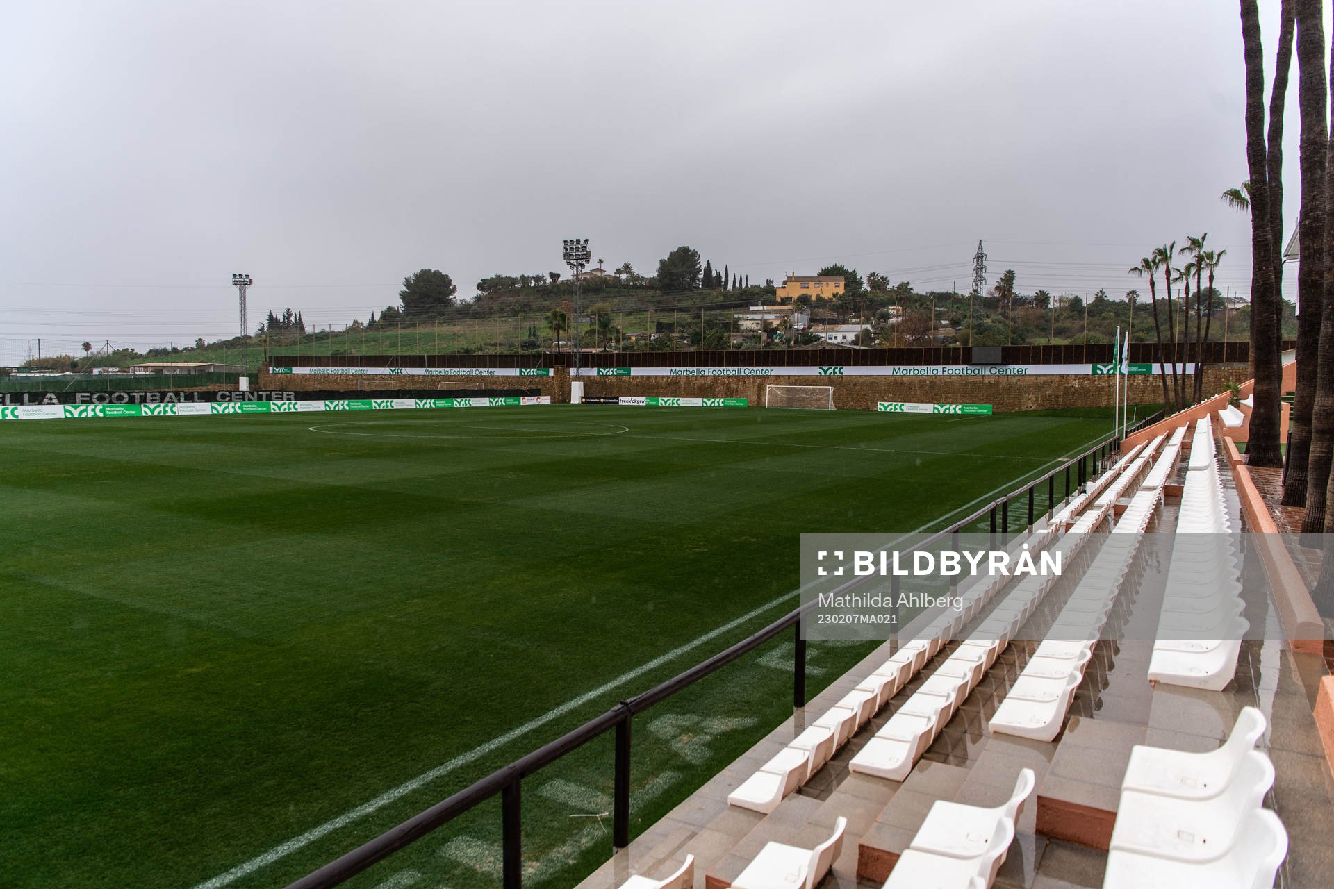 The pitch at Marbella Football Center after the Friendly match between Häcken and Molde was canceled due to rain on February 7, 2023 in Marbella.