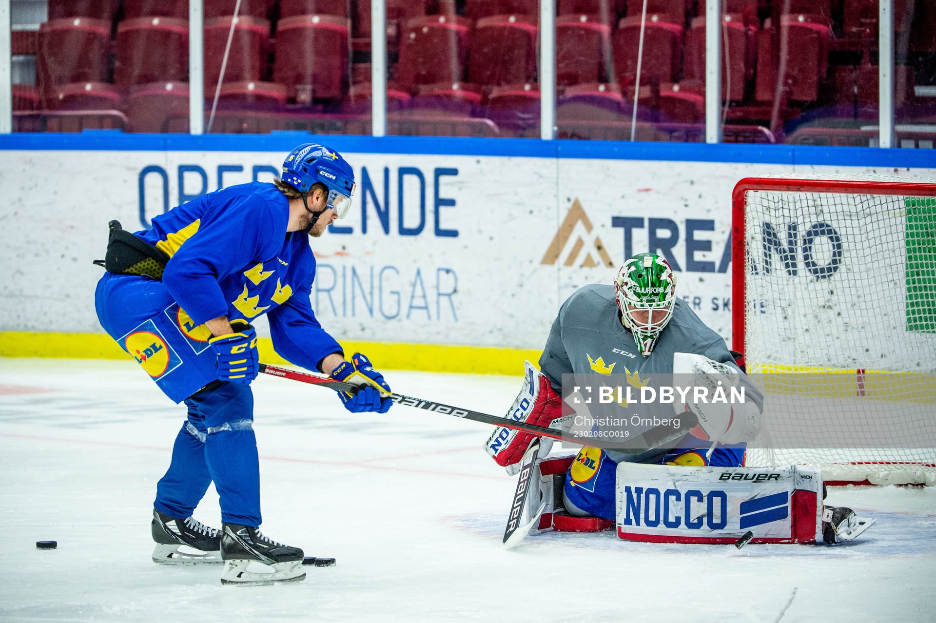 Jacob de la Rose and goalkeeper Lars Johansson of Sweden at