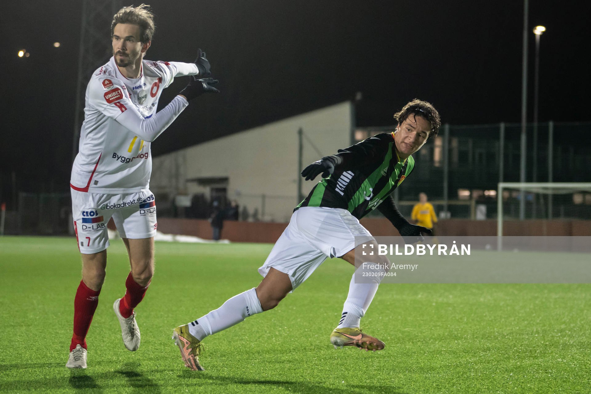 Degerfors Sebastian Ohlsson  och GAIS Alfredo Steiner under träningsmatchen mellan GAIS och Degerfors den 9 februari 2023 i Göteborg. 