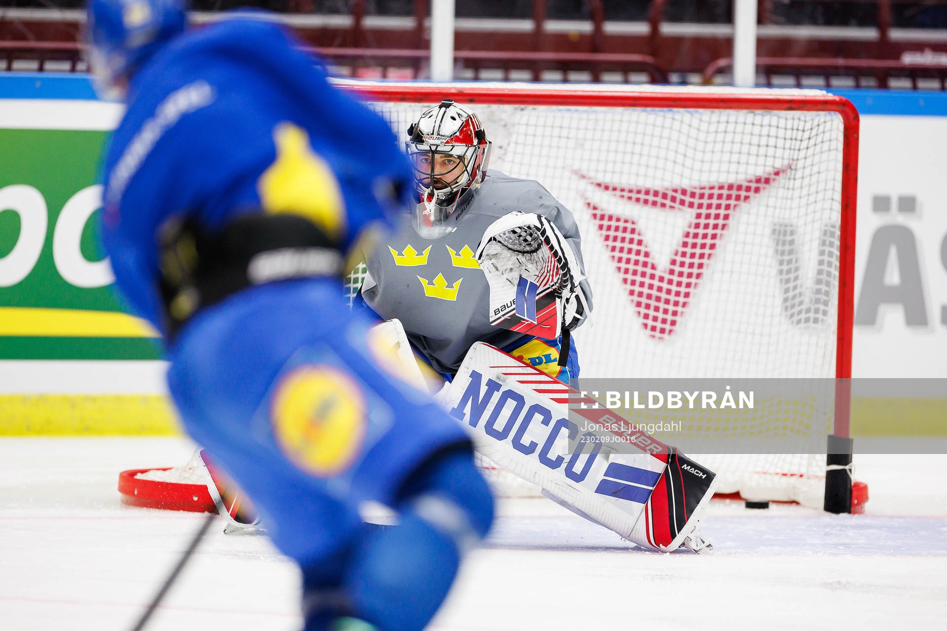 Goalkeeper Jhonas Enroth of Sweden at a practice session