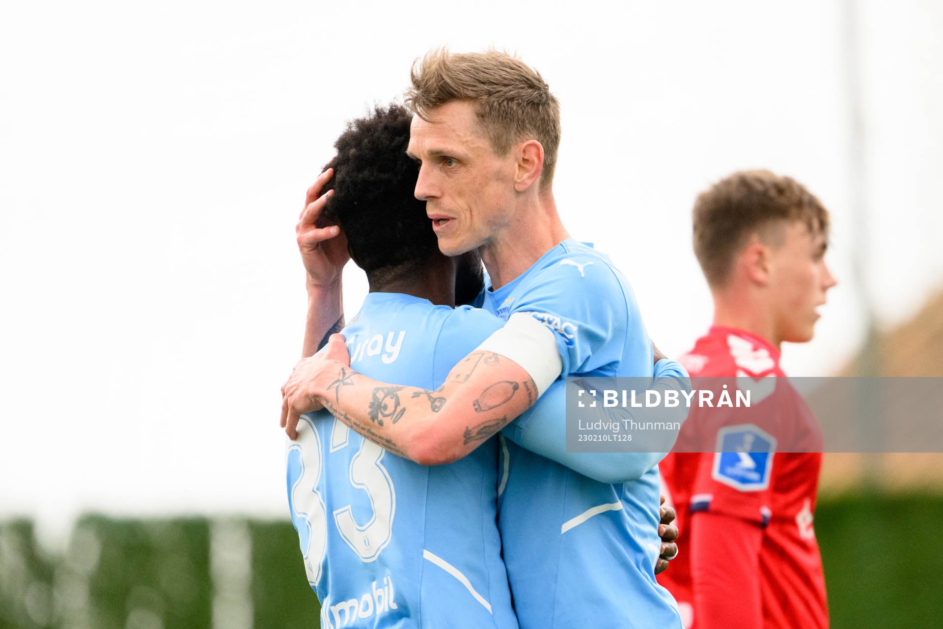 Mohamed Buya Turay and Søren Rieks of Malmö FF celebrates after 2-1 during the Friendly match between Malmö FF and Aarhus on February 10, 2023 in Estepona.