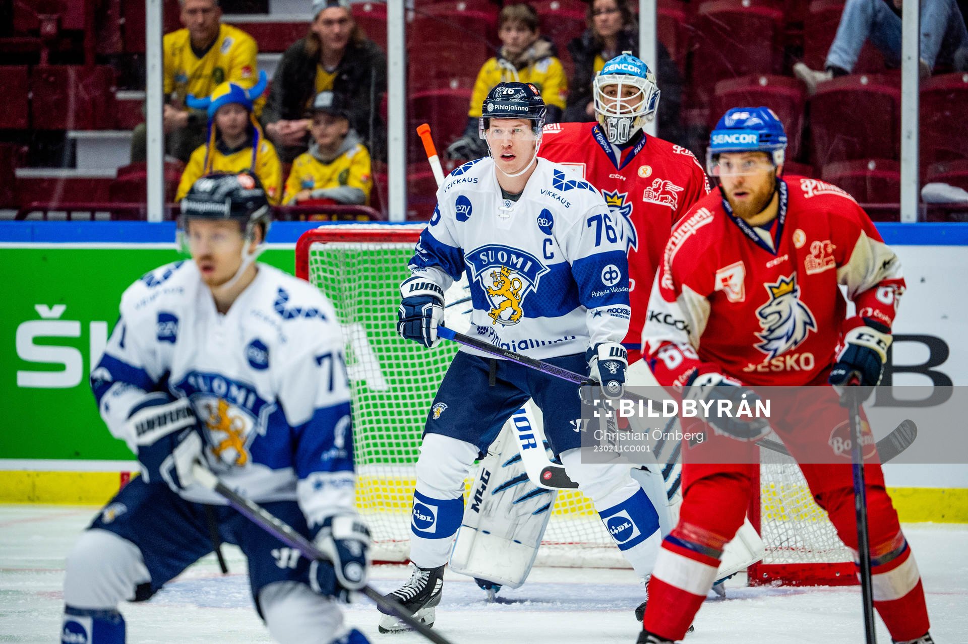 Jere Sallinen of Finland and goaltender Petr Kvaca of