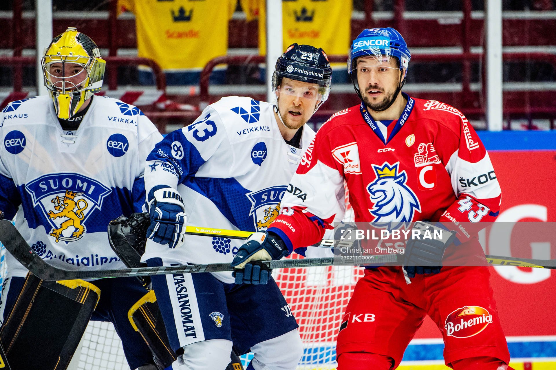 Julius Mattila and goaltender Juha Jatkola of Finland and