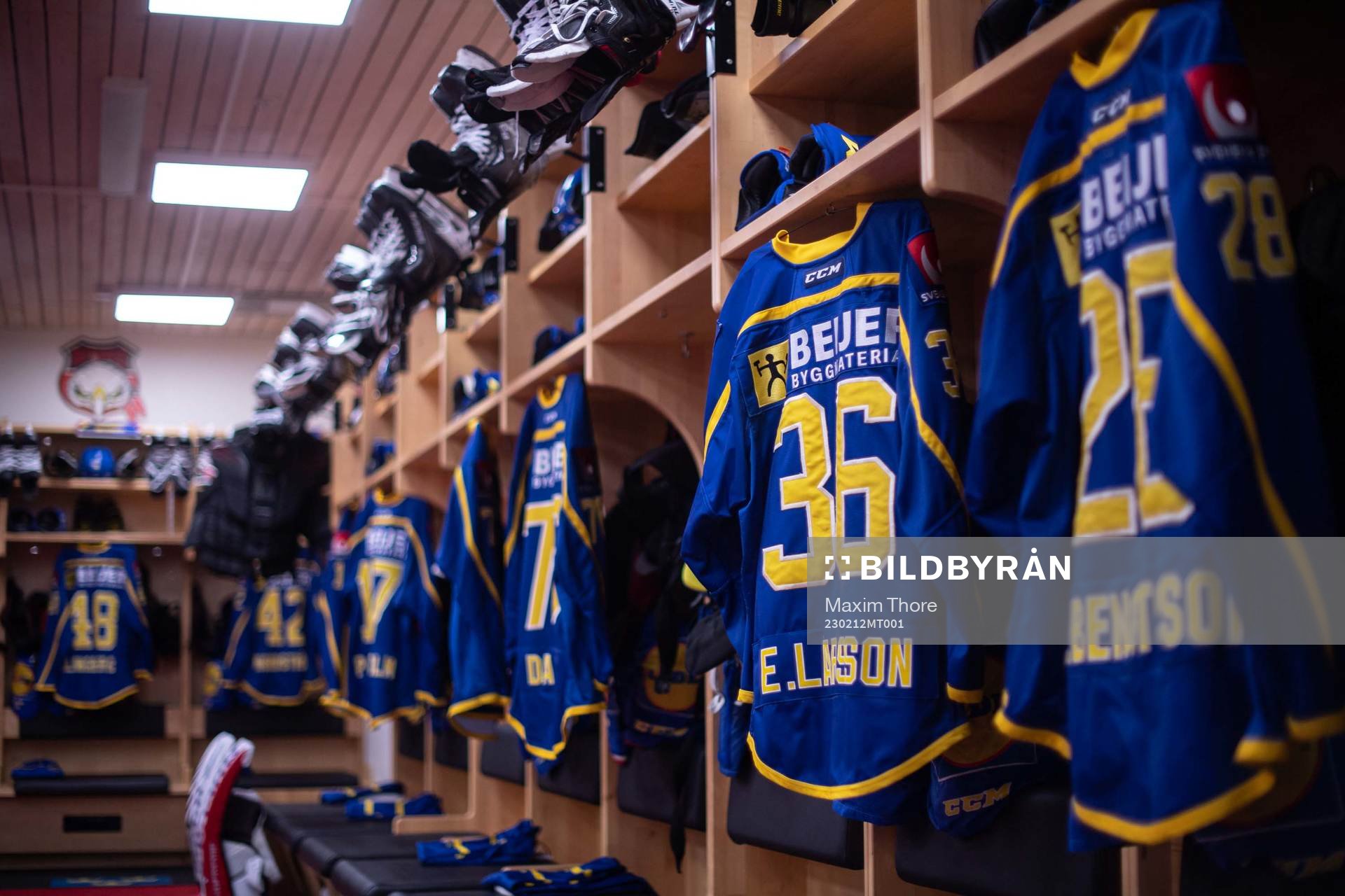 The jerseys of Sweden in their locker room