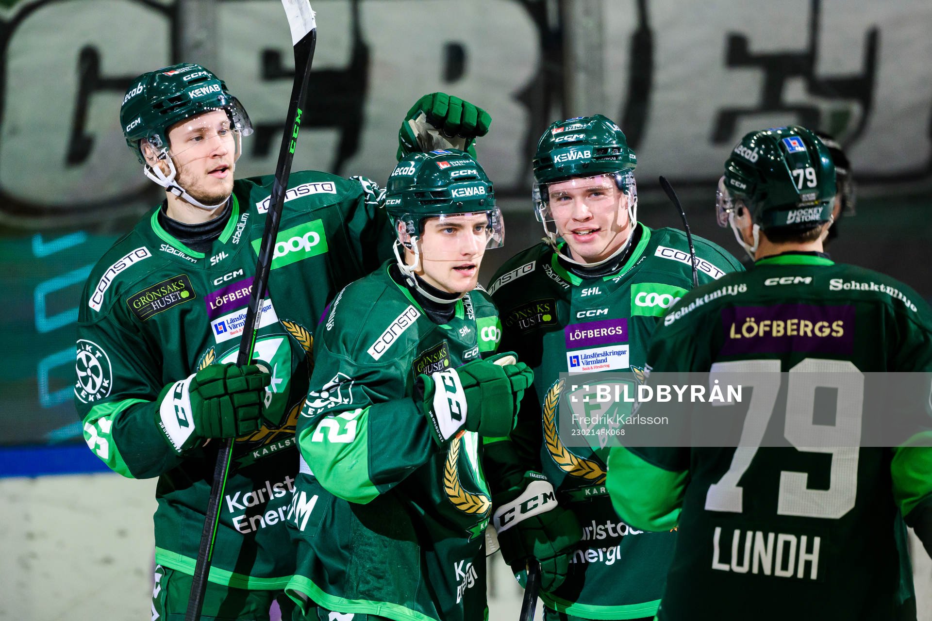 Färjestads Eric Engstrand, Joel Nyström, Oscar Lawner och