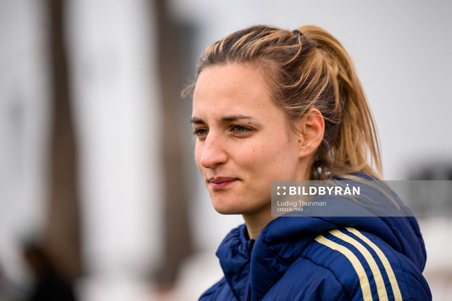Nathalie Björn of the Swedish women's national football team is interviewed by the media after a training session on February 15, 2023 in Marbella. 