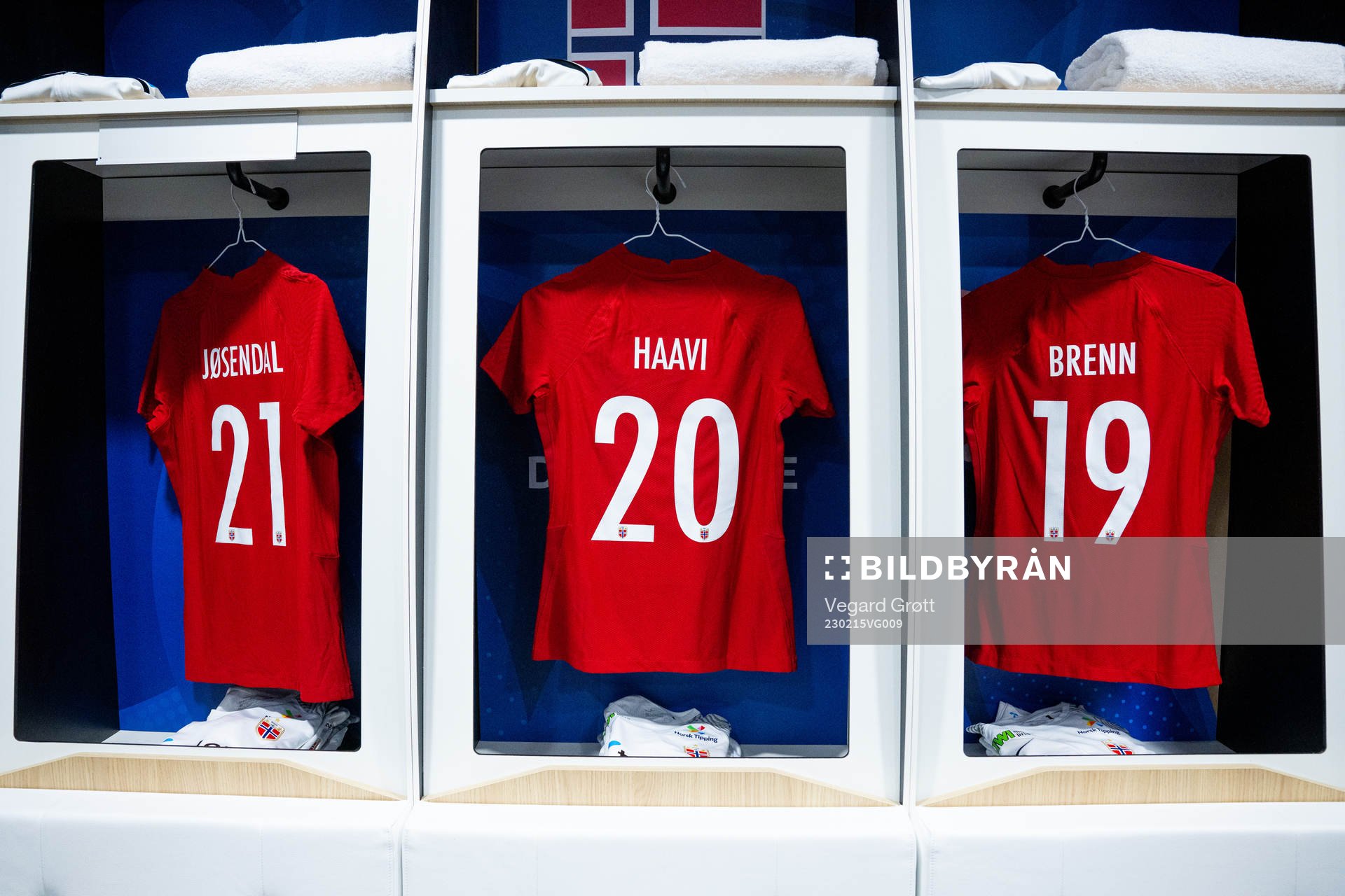 The kits of Anna Langås Jøsendal, Emilie Bosshard Haavi and Malin Brenn of Norway in the dressing room ahead of the international friendly football match between Uruguay and Norway on February 15, 2023 in Angers. 