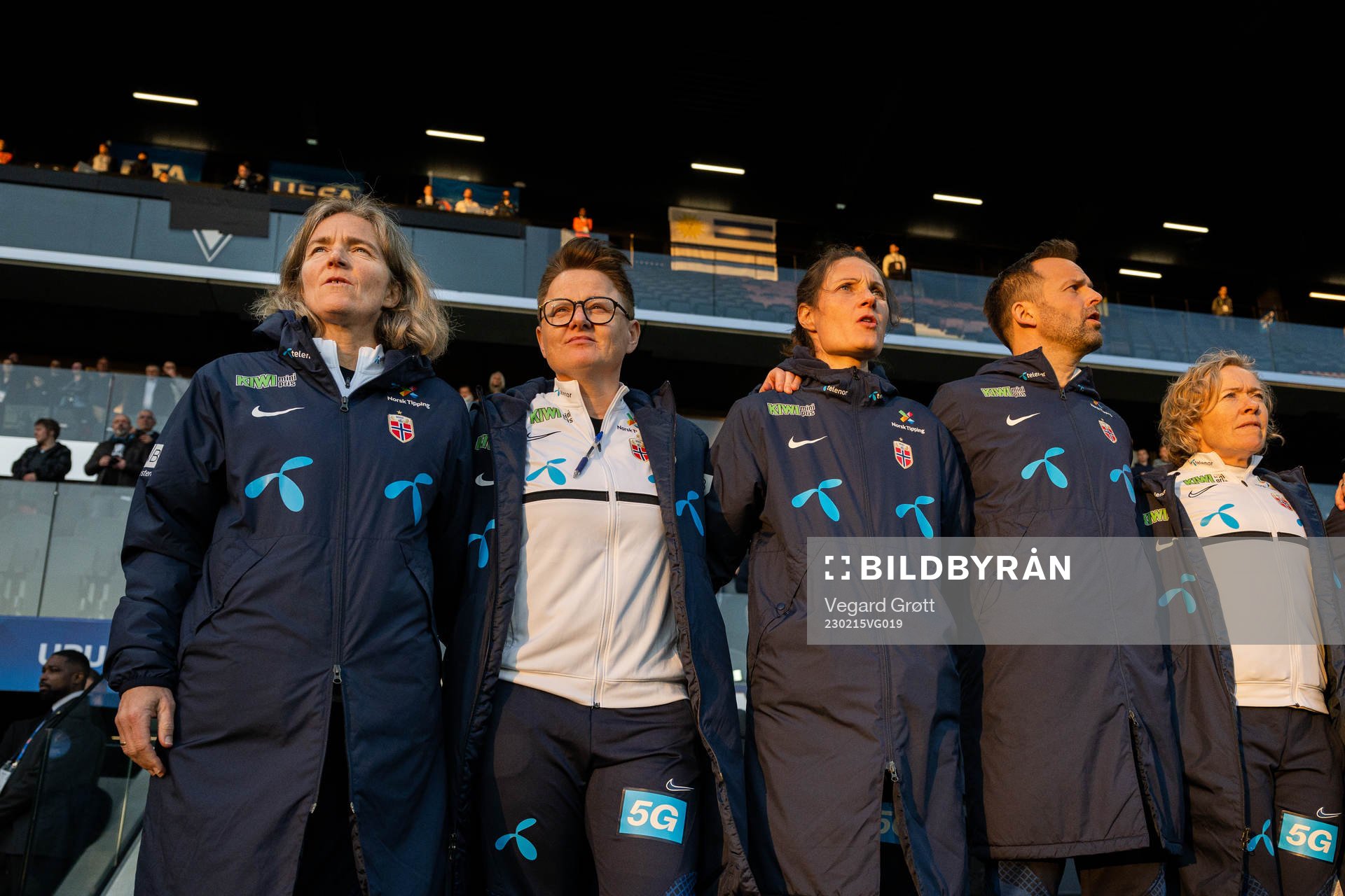 Hege Riise, head coach, Monica Knudsen, assistant coach, Ingvild Stensland, assistant coach, Jon Knudsen, goalkeeper coach, and Gunnvor Halmøy, physical coach of Norway, ahead of the international friendly football match between Uruguay and Norway on February 15, 2023 in Angers.