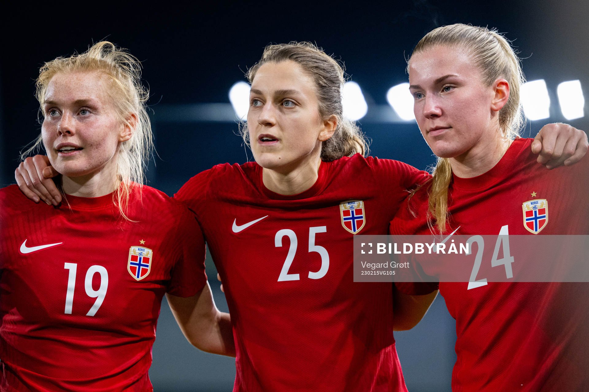 Malin Brenn, Emma Stølen Godø and Emilie Nautnes of Norway after the international friendly football match between Uruguay and Norway on February 15, 2023 in Angers.